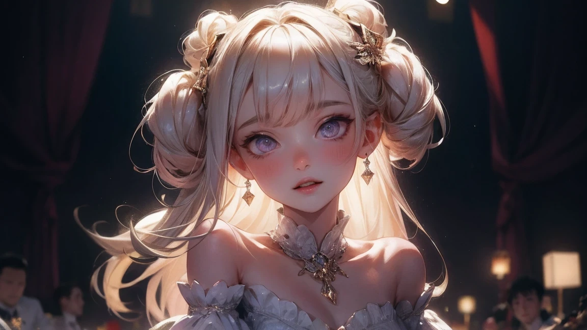 (best quality, masterpiece), 1 girl, intricate details, Off the shoulders, skirt, collar, decorate, perspective, looking at the audience, blush, Upper body, blurred background, floral, contrasting