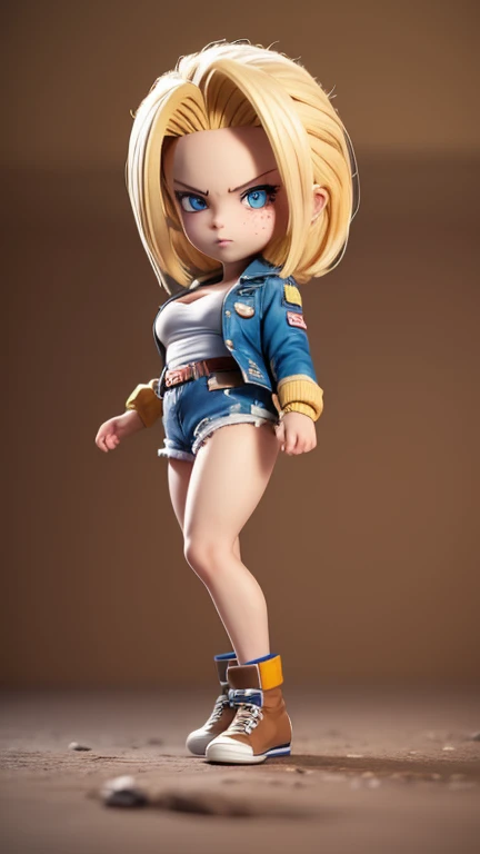 masterpiece, best quality, 8k, cinematic light, ultra high res, chibi, 1girl, android18 from dragon ball z, shorts, blonde hair, spiked hair, jacket, shoes, brown eyeull body:1.2), freckles, standing,