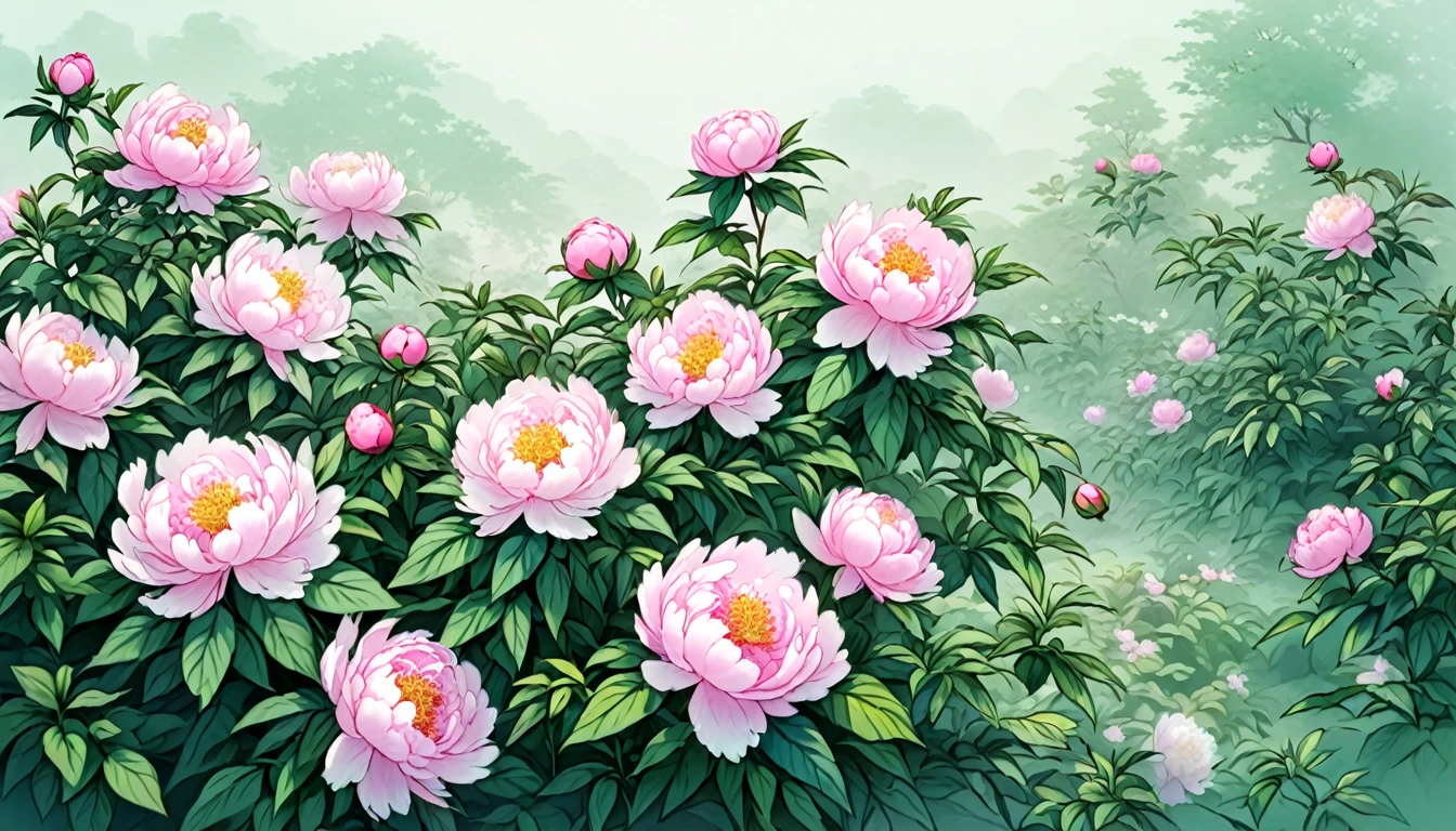 ancient china, peaceful, garden, a lot of peony flowers grow crowded together, spring, misty, no human, mint-color background