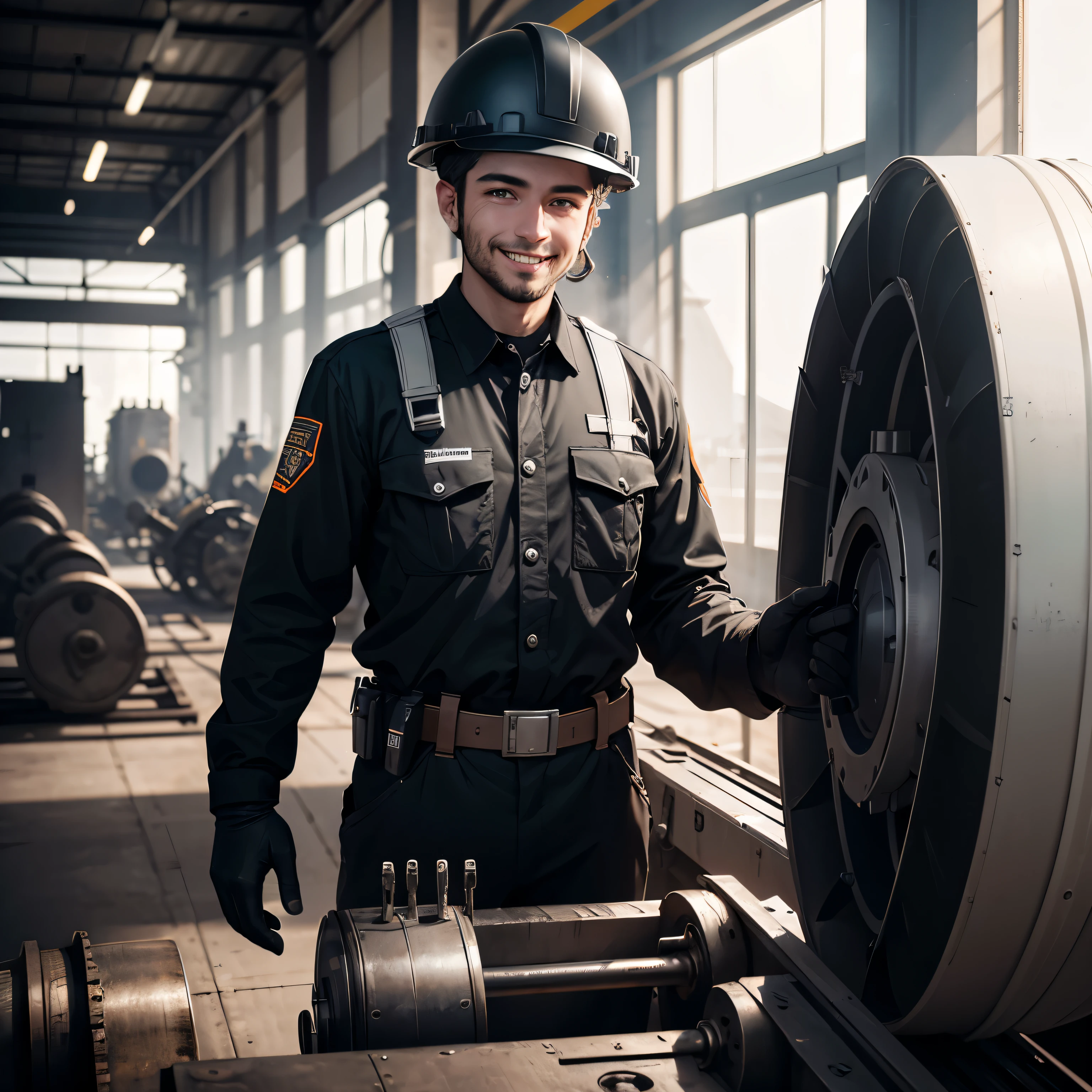 A worker in a black uniform and white helmet stands proudly in front of his machinery inside the factory. feliz com um grande sorriso, se sentindo determinado e confiante. 8k ultrarealista.