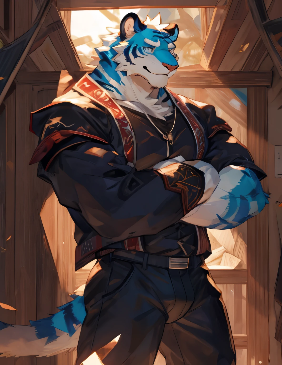 deobaed anatomy, Humanity, ((Blue and white| Blue and white老虎 | cyan eyes)),（Blue and white毛发），white belly， male, alone, Kanno, Perfect muscle lines, tailed eyes, cozy，((No ornaments，I didn't wear anything on my upper body，Wearing loose trousers)), dick，bulge，tiger tail, in cabin，comfortable，blushing，tail slightly open，Smile， (Sweat)，Afternoon，by bebebebebe, by zackary911，