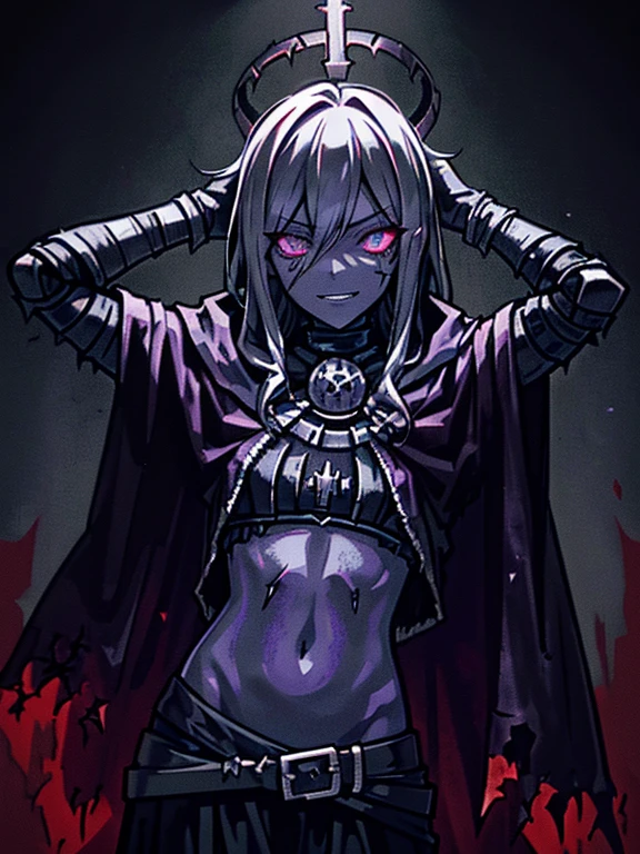 (((darkest dungeon style))), ((affliction)), ((evil darkest dungeon halo)), (bad red darkest dungeon lighting), dark demon girl, purple skin, (dark purple skin), dark skin, hopeless madness eyes, hopeless madness grin, hands on head, tousled hair, messy hair, cloth cloak, less clothing, open belly, highly detailed art, many details
