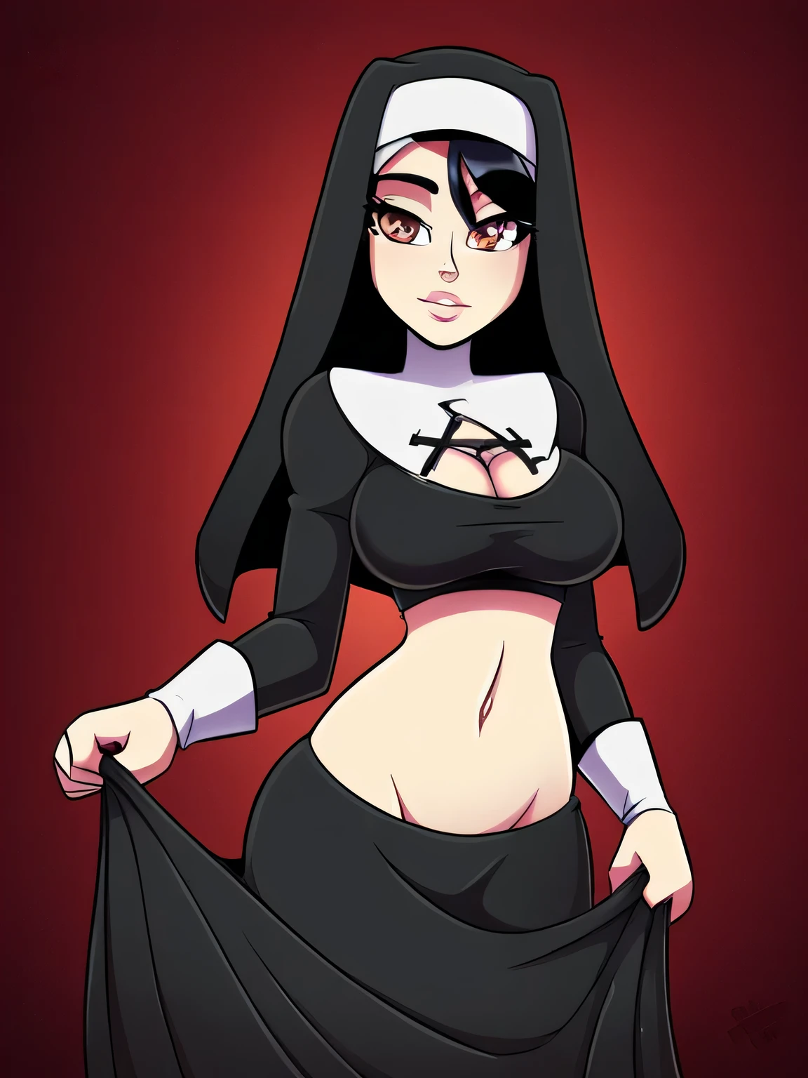 Tall girl extra large chest long straight black hair brown eyes big black eyelash dresses nun Black tied knot shows navel sexy curve and a long black skirt