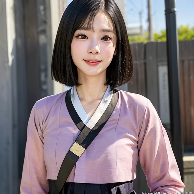 (kawaii 24 year-old Japanese girl, Nogizaka idol, Korean idol), (glossy black hair, medium bob cut:1.3), (extra rounded face, forehead, single eyelid, no makeup, soft smiling:1.2), (well shaped whitened teeth:0.7), (wearing light purple Hanbok, Korean traditional cloth:1.3), well shaped extra small breasts, (looking at viewer:1.2), BREAK, (simple outdoor background:1.3), (portrait, id photo, close shot, view from straight forward:1.3), BREAK, (masterpiece, best quality, photo realistic, official art:1.4), (UHD, 8K quality wallpaper, high resolution, raw photo, film grain:1.2), (shiny skin), professional lighting, physically based rendering, award winning, (perfect anatomy, highly detailed skin, extremely detailed face and eyes, well drawn glittering pupils), Carl Zeiss 85 mm F/1.4, depth of field, 1girl, solo,