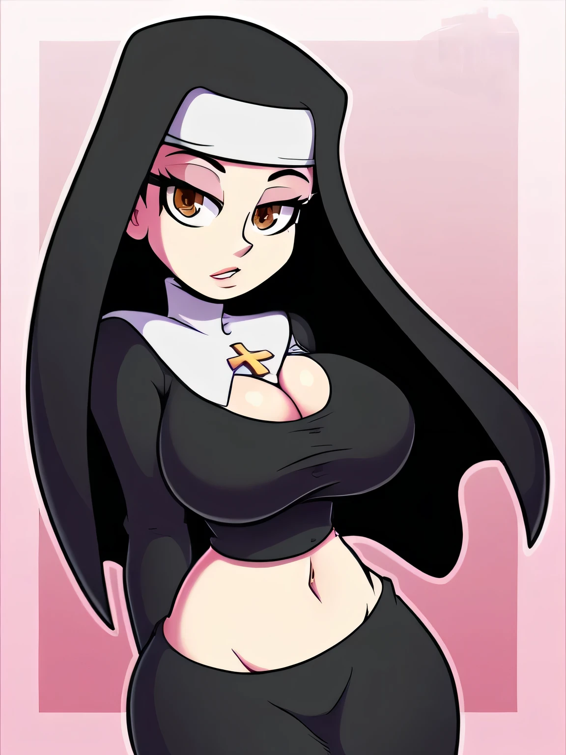 Tall girl extra large chest long straight black hair brown eyes big black eyelash dresses nun Black tied knot shows navel sexy curve and a long black skirt