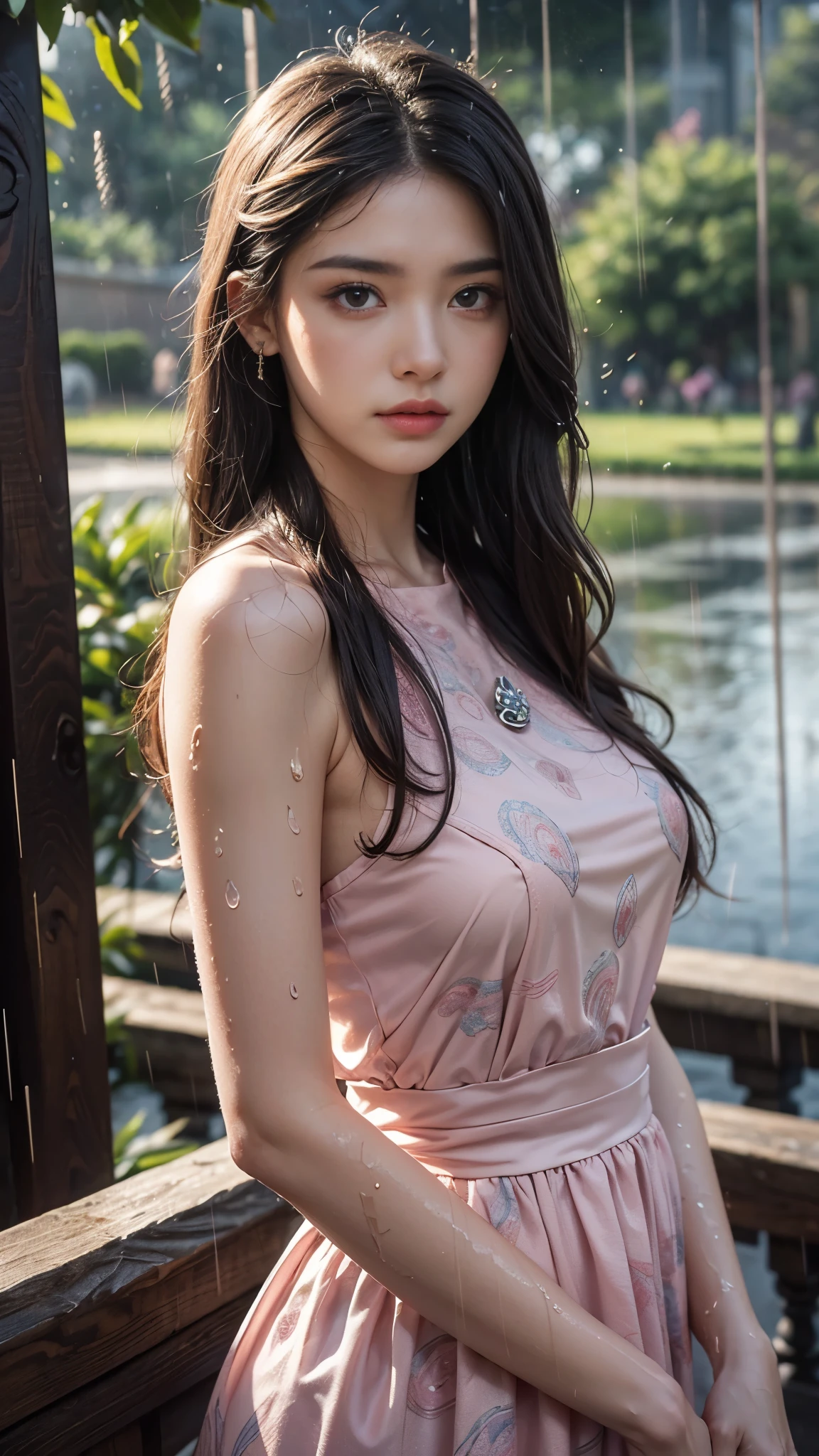 4k, ultra hd, masterpiece, 1 girl, serious face, detailed eyes, very long hair, (flare dress:1.5), pink flare dress, paisley print, (jwellery:1.5), in the garden, cherry blossom, (rain:1.5), (water:1.5), upper body,