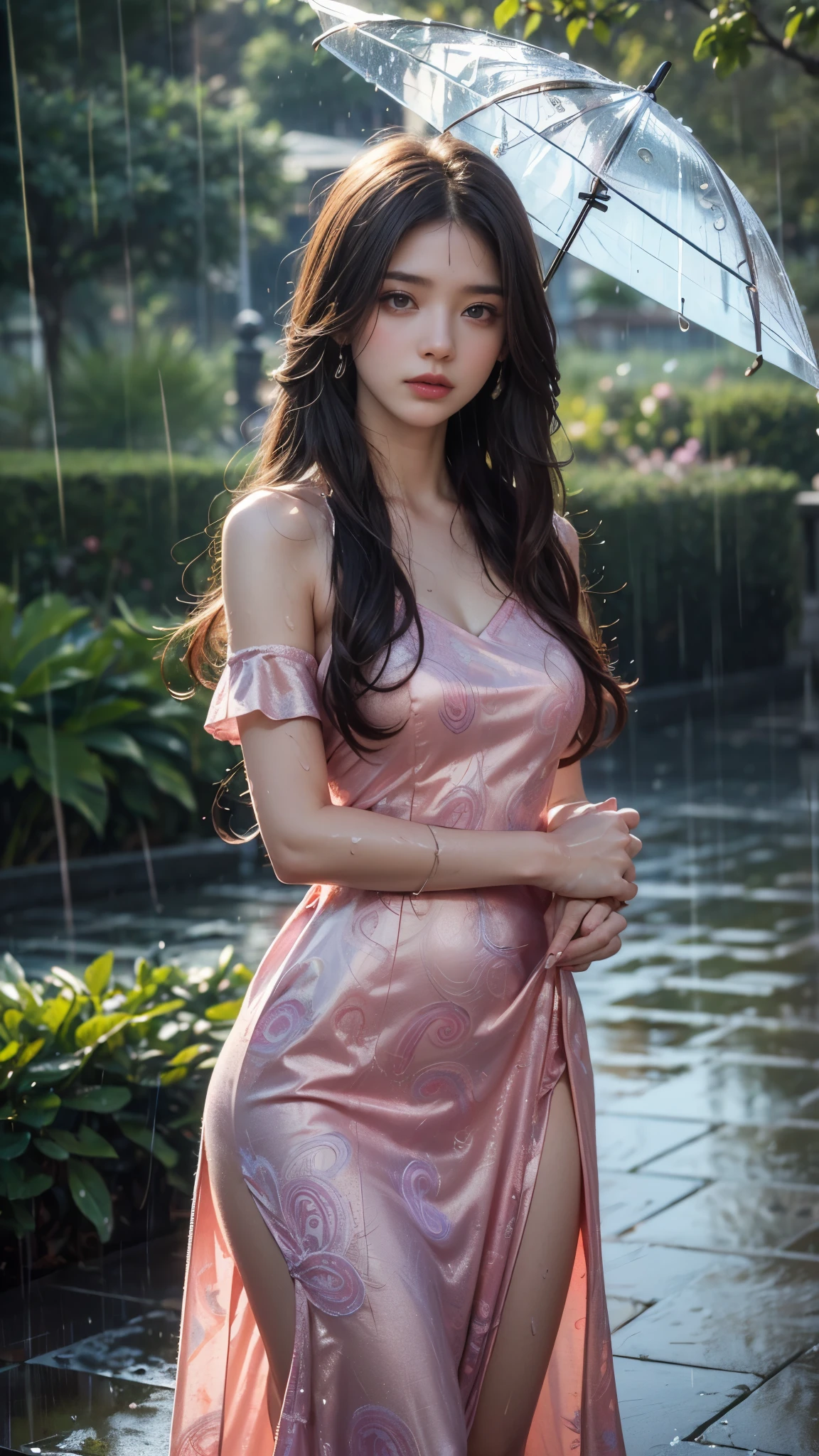 4k, ultra hd, masterpiece, 1 girl, serious face, detailed eyes, very long hair, (flare dress:1.5), pink flare dress, paisley print, (jwellery:1.5), in the garden, cherry blossom, (rain:1.5), (water:1.5), upper body,