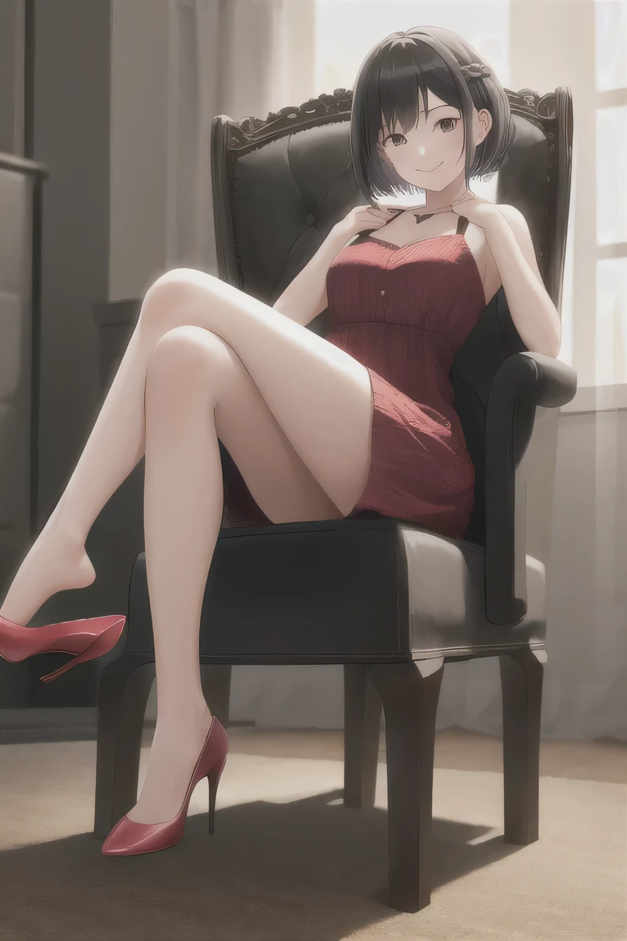 masterpiece, highest quality, High resolution, 1girl High heels hanging down, sitting, Chair、smile、hairstyle short cut、
