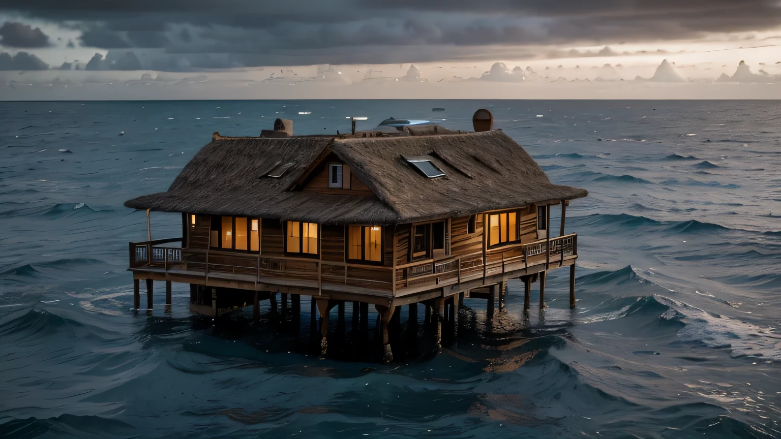 house colony, poor in the middle of the sea, the house is old fashioned, on wooden stilts, the house is made of straw and wood, hurricane in front,Some distance in view, evening scence