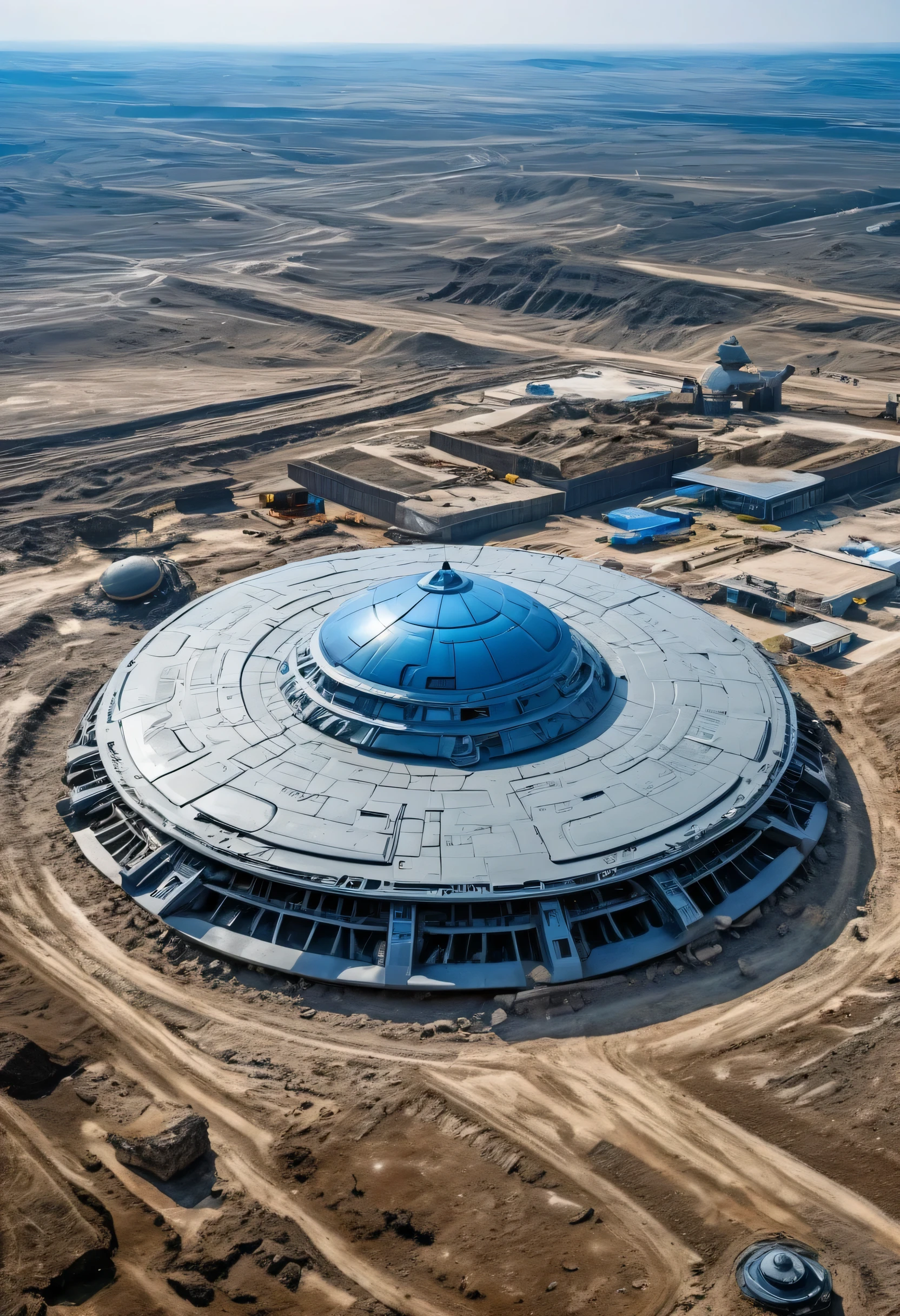 Many modern excavators are digging up a huge cultural relic, a flying saucer-shaped intelligent spacecraft of Zornaur technology. Its material resembles the bronze ware unearthed thousands of years ago, with a grayish-blue color. Realistic photo.