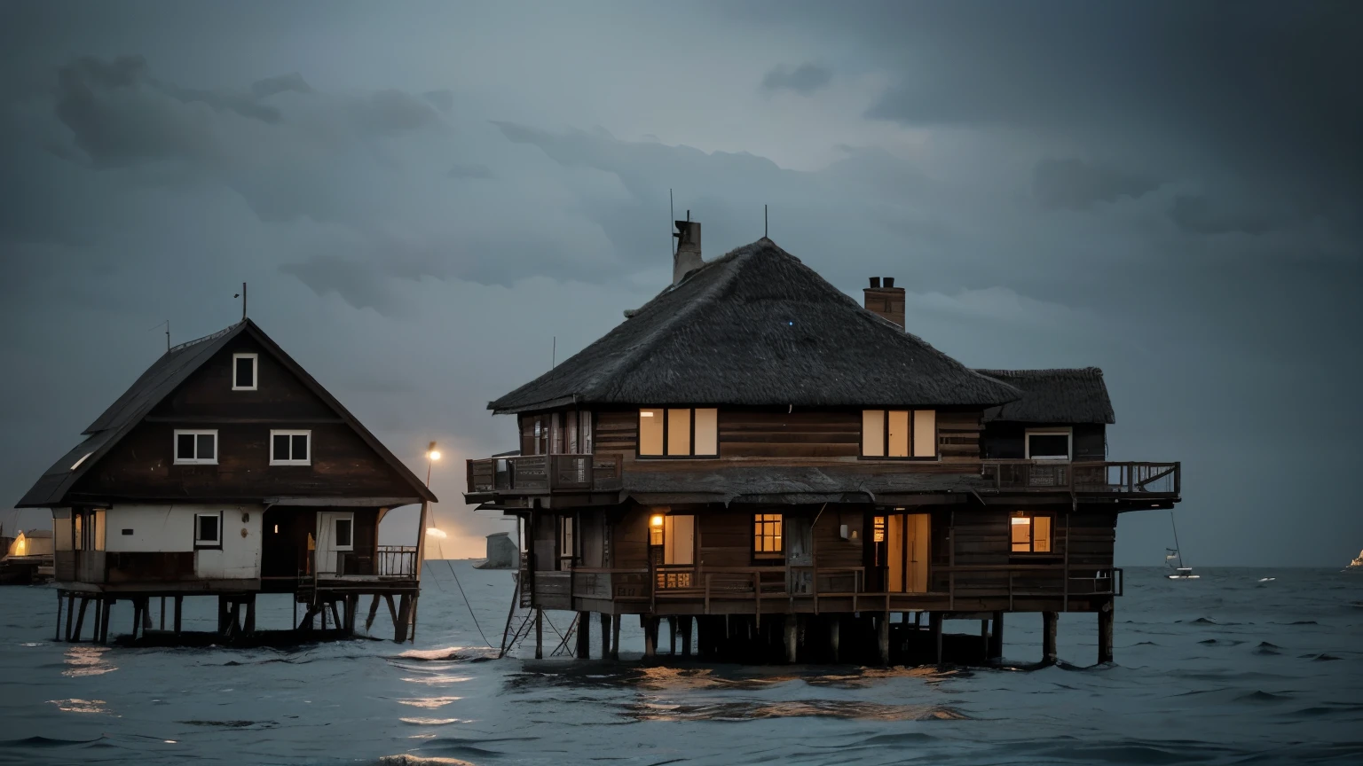 house colony, poor in the middle of the sea, the house is old fashioned, on wooden stilts, the house is made of straw and wood, hurricane in front,Some distance in view, evening scence
