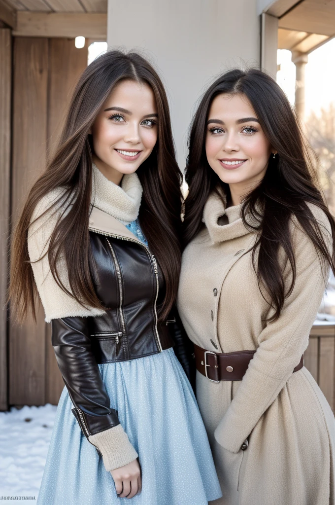 Professional photograph, best quality, 8K, hyper detailed, half body, A close up portrait of two gorgeous, beautiful, wonderful women, argentinian and russian females together posing for the camera, both women have super long hair, argentinian girl has dark brown hair and russian girl has light brown hair, the both of them are wearing winter outfits, both girls are wearing leather jackets. Both women are wonderful, dream, ethereal, timeless, majestic beauties from Argentina and Russia, hispanic and slavic dream beauties who comes to the hearts. They're glad, smiling and enjoying a day at park in winter. True friendship, they're posing happy for the camera.