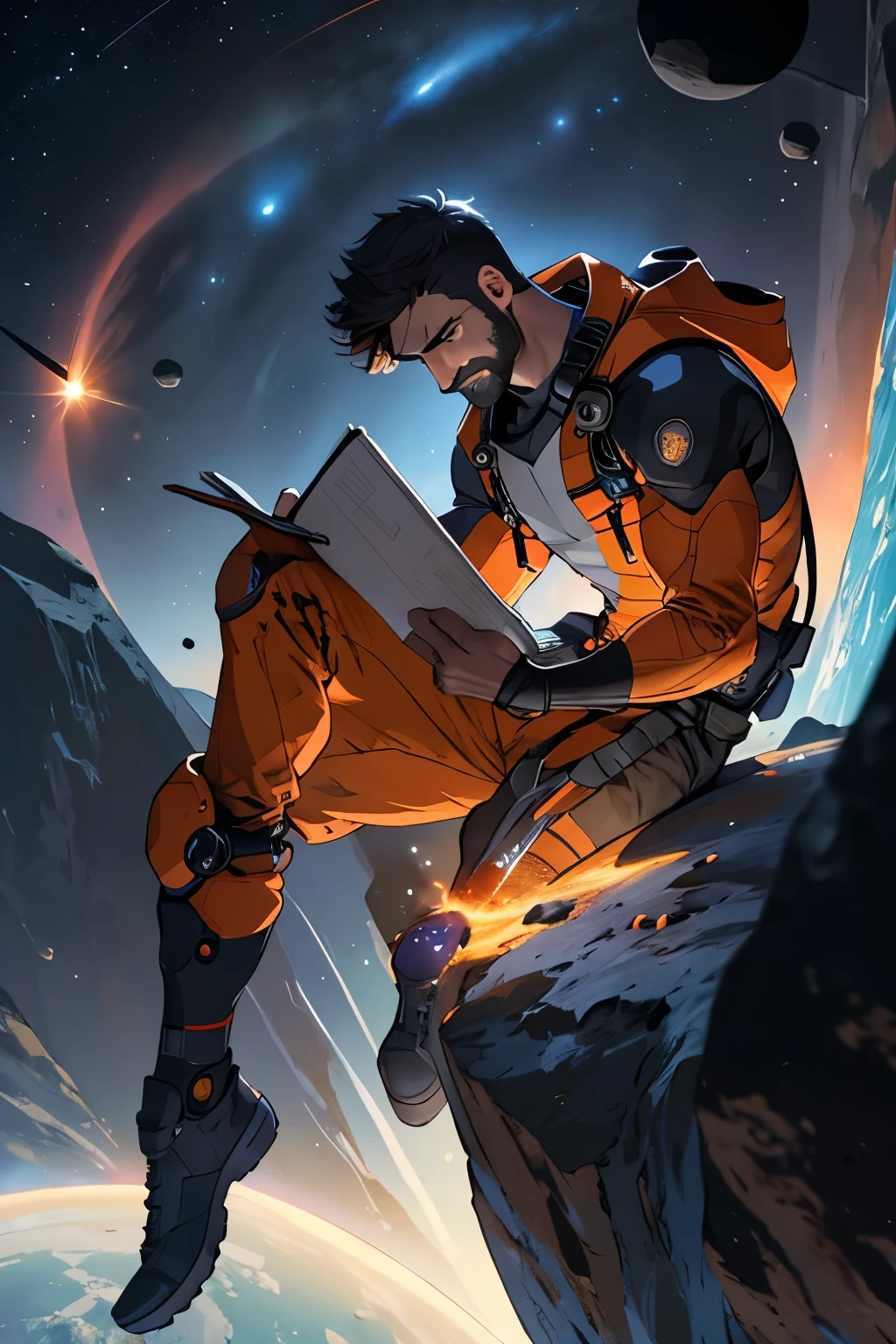 Draw a young programmer, sitting on a research platform floating in the middle of an asteroid belt. He is studying with a notebook, surrounded by several asteroids glowing with fiery auras. Dramatic lighting from distant stars and planets illuminates the scene, casting deep shadows on the suit. The young man looks confident and determined, looking at the vast and mysterious universe with wonder and respect,facial hair, cowboy shot,