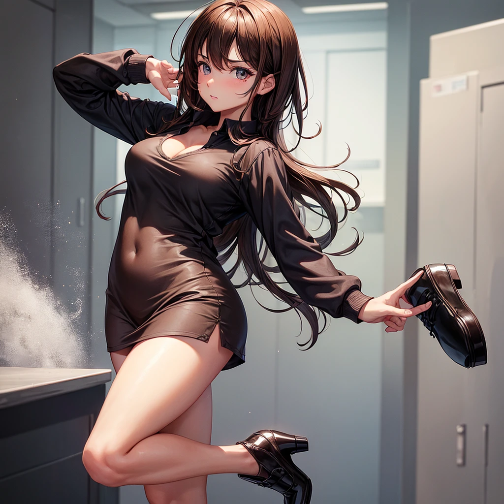 sksbrooke person, sksbrooke, (masterpiece:1.2), (best quality:1.2), perfect eyes, perfect face, 1girl, solo, brown eyes, (medium breasts), perky breasts, wearing a brown polo shirt and black mini dress, high heels, early morning misty background, lift shirt