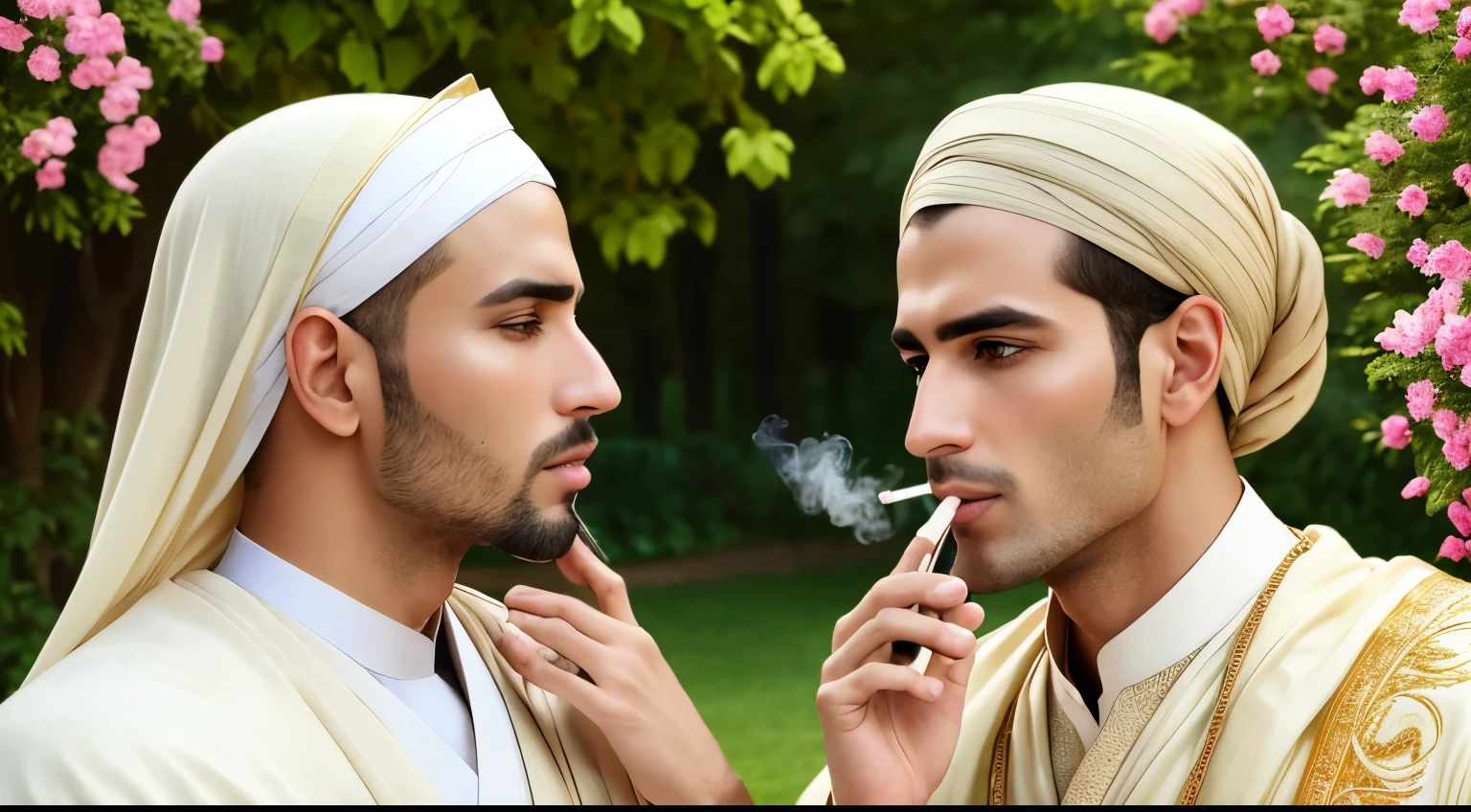 (best quality,4K,8K,high resolution,masterpiece:1.2),Super detailed,(actual,photoactual,photo-actual:1.37),Two men,Beautiful and delicate eyes,Beautiful and delicate lips,Extremely detailed eyes and face,Traditional Islamic clothing,garden background,Full of colorful flowers,soft natural light,Kindness and respect,peaceful atmosphere,of colors,walk,A man is smoking
