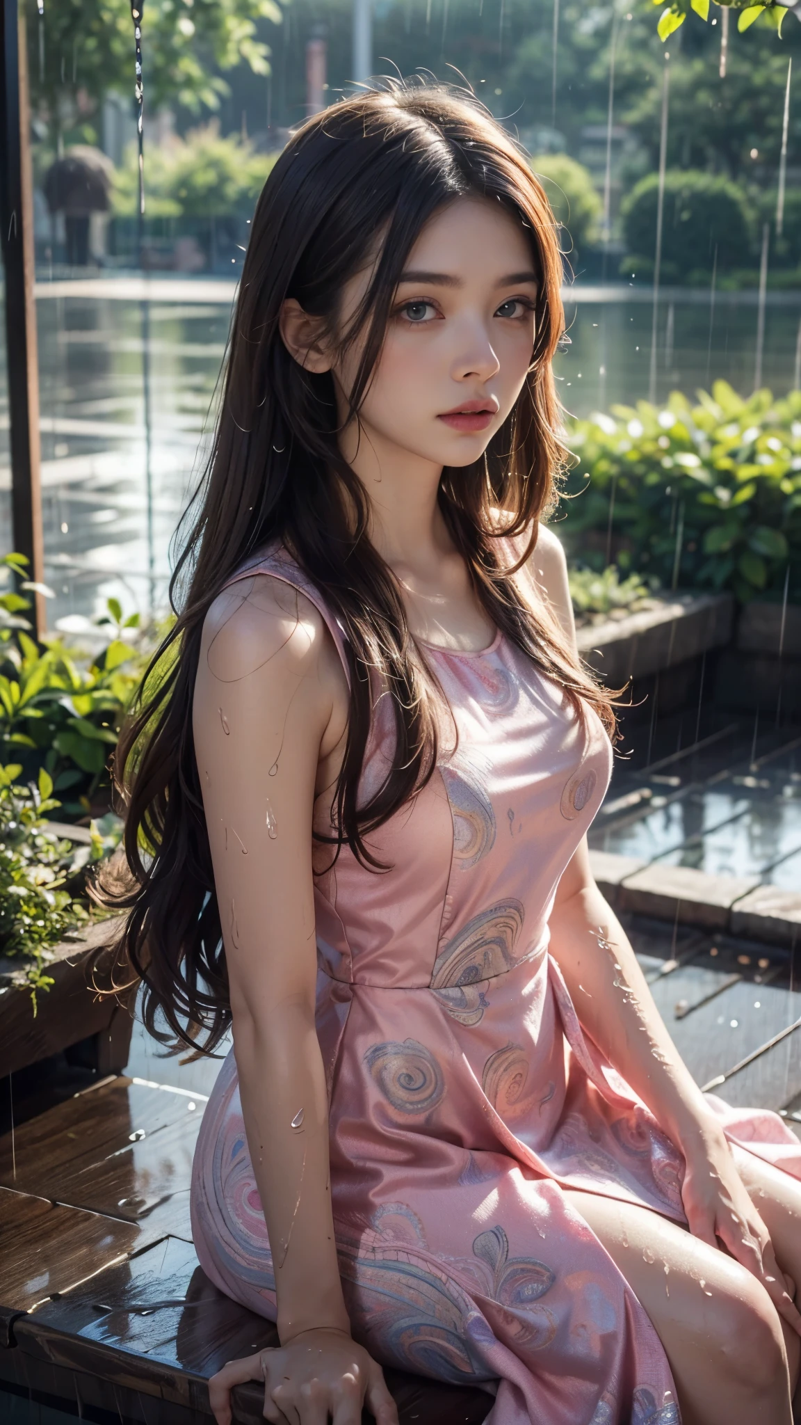 4k, ultra hd, masterpiece, 1 girl, serious face, detailed eyes, very long hair, (flare dress:1.5), pink flare dress, paisley print, (jwellery:1.5), in the garden, cherry blossom, (rain:1.5), (water:1.5), upper body, sitting,