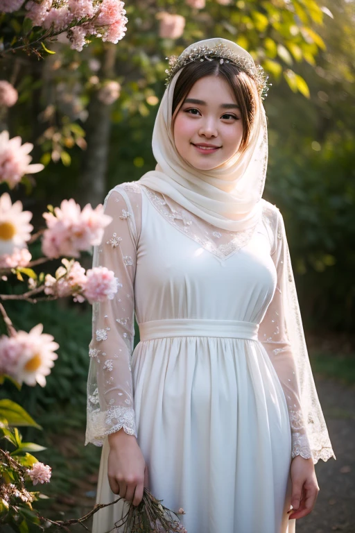 ((best quality)), ((masterpiece)), (detailed), A 18 year old chubby girl , white loosely gamis dress, (smiling:0.3), long sleeve, white hijab, flowers crown, There are many scattered luminous petals, hidding in the light yellow flowers, Depth of field, ray of lights, Many scattered leaves, branch, angle, contour deepening, cinematic angle,