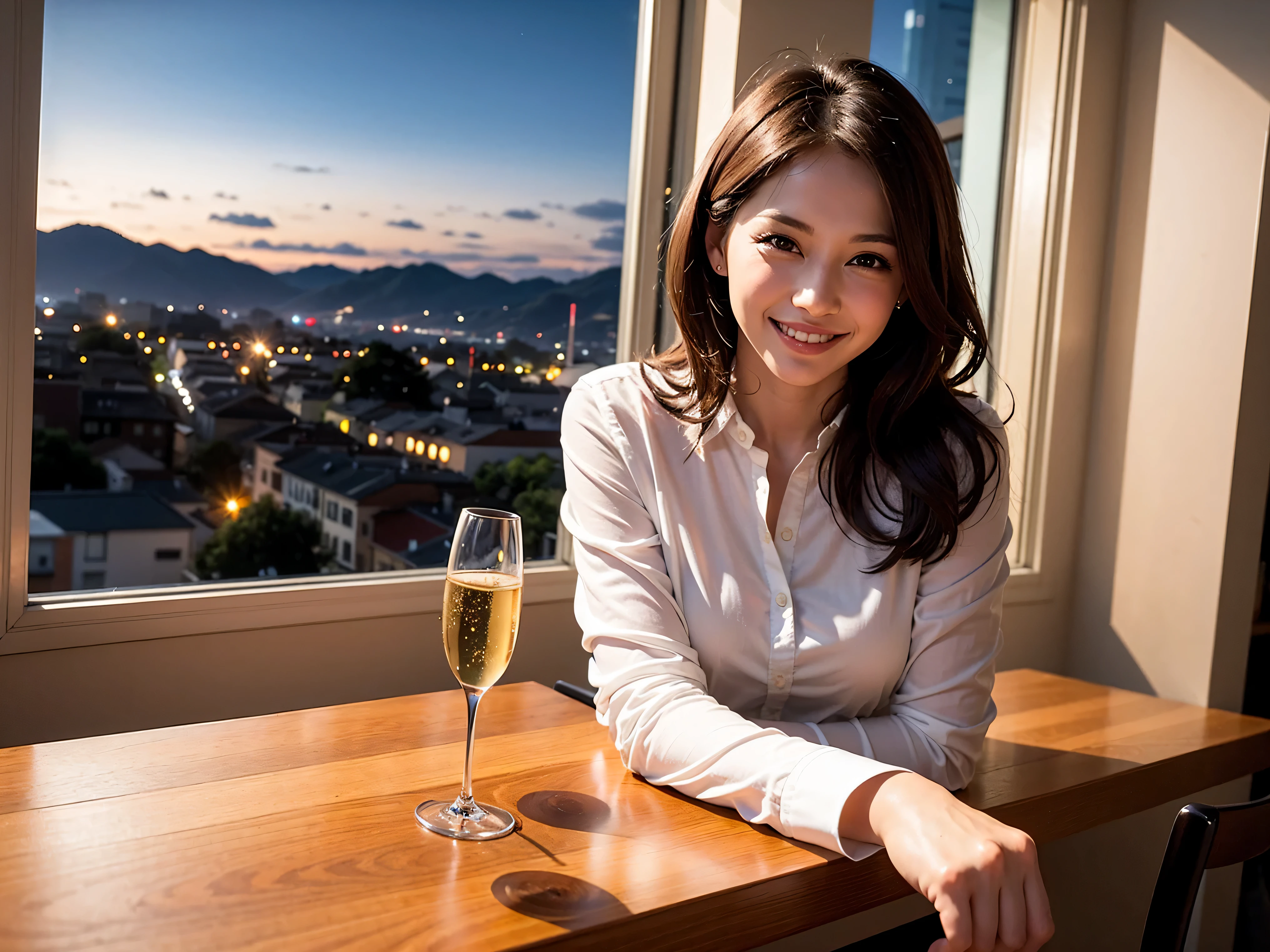 K, Hmm, highest quality, masterpiece: 1.2), (realistic, photorealistic: 1.37), Spectacular view of the sunset sky and clouds、Amazing mountain views、A bright smile、3 slim beauties, (slim face),Happy、 the best smile、Fox face、Berry Short、(because I'thin), (brown hair), (shortcut), long sleeve shirt、winter fashion、Colombian、Brazilian、Japanese、Dutch、German、Portuguese、Belgian、Italian、French,Champagne、sparkling wine、 (Squirting), (slim body), (brown hair), (shortcut), neat beauty、cheeks turn a little red, (42 years old), 38 years old, alone, A beautiful and detailed night view spreads out outside the window........., restaurant, wine glass is sitting, At night, in a prominent place (from the Upper body) nova frog style, actress, model, Upper body, White wine, slim, wine glass, Very beautiful night view, wine glass Put in the Middle, Happy smile, (smile: 1.15),