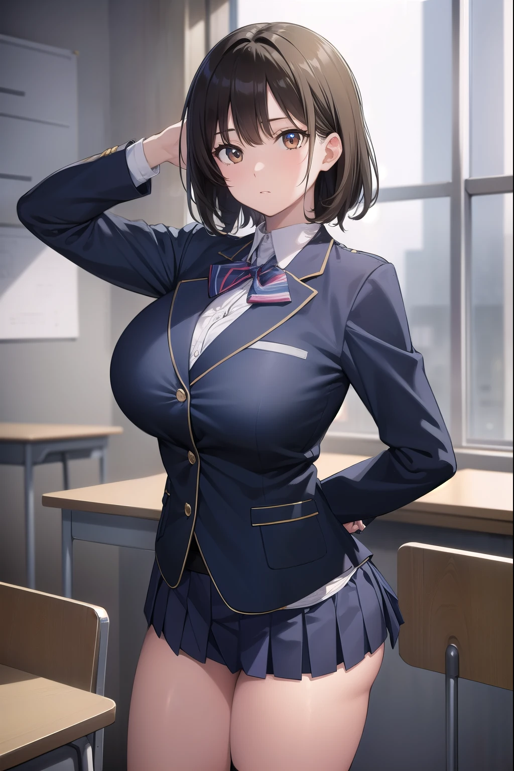 black hair, (brown eyes:1.5),  (shot hair:1.6), (turning around:1.6), 
BREAK blazer, blue skirt, jacket, otonokizaka , pleated skirt, , winter uniform, (short skirt:1.6), (micro skirt:1.6), (big breasts:1.6), (slender:1.4), (thong:1.6), 
BREAK looking at viewer,
BREAK indoors, classroom, 
BREAK (masterpiece:1.2), best quality, high resolution, unity 8k wallpaper, (illustration:0.8), (beautiful detailed eyes:1.6), extremely detailed face, perfect lighting, extremely detailed CG, (perfect hands, perfect anatomy),