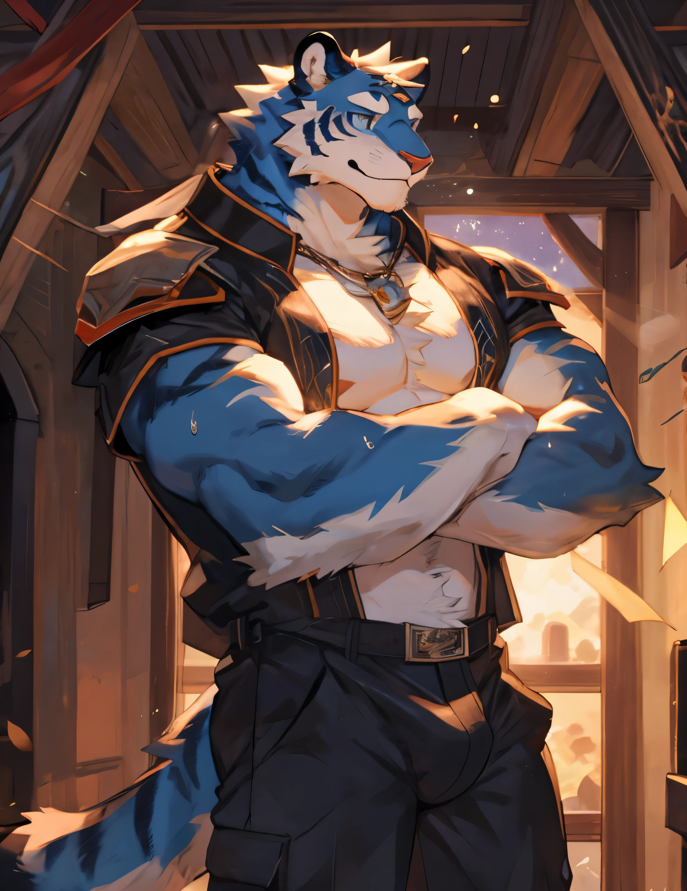 deobaed anatomy, Humanity, ((Blue and white| Blue and white tiger | cyan eyes)),(Blue and white hair),white belly, male, alone, Kanno, Perfect muscle lines, tailed eyes, cozy,((No ornaments,I didn't wear anything on my upper body,Wearing loose trousers)), dick,bulge,tiger tail, in cabin,comfortable,blushing,tail slightly open,Smile, (Sweat),Afternoon,by bebebebebe, by zackary911,
