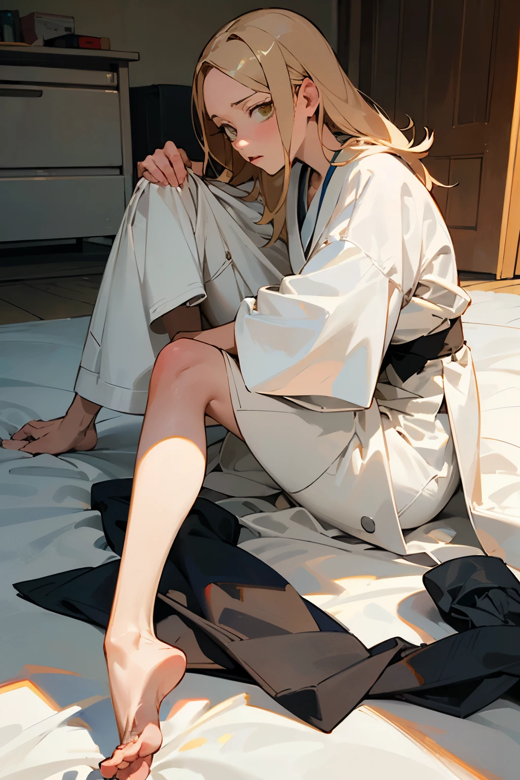 ((Mejor calidad)), ((obra maestra)), (detallado), cara perfecta,
rangiku matsumoto bleach character, Original Attire and Physical Crateristics, no shoes, Black Socks,