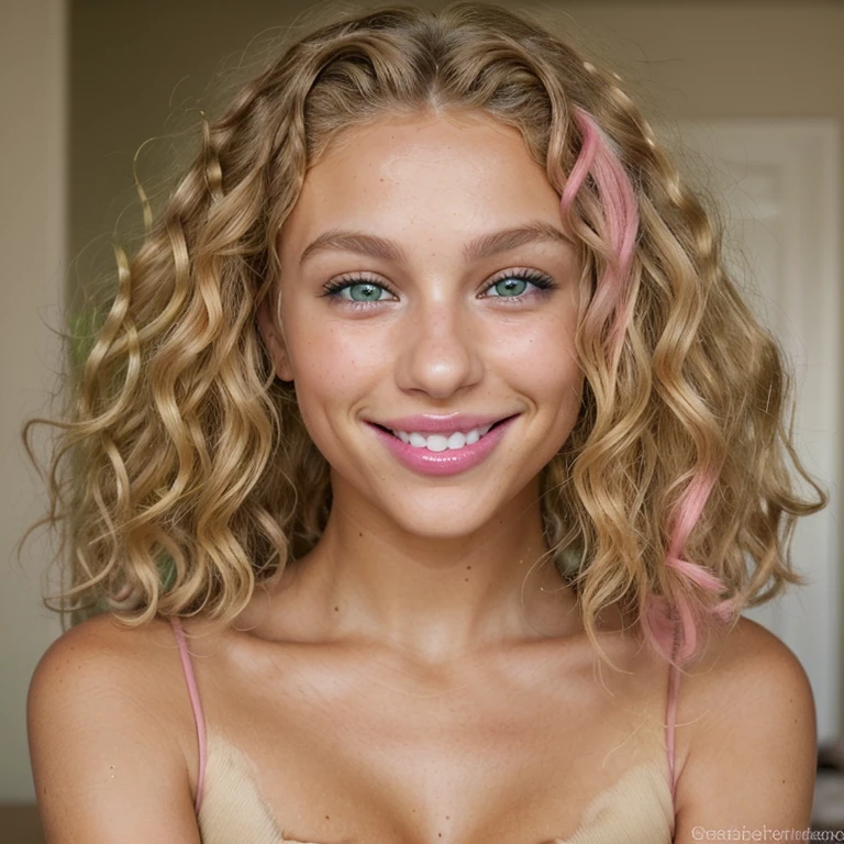 Please create me a beautiful blonde curly haired model with green eyes dark tan pretty tan and pink lips pretty smile