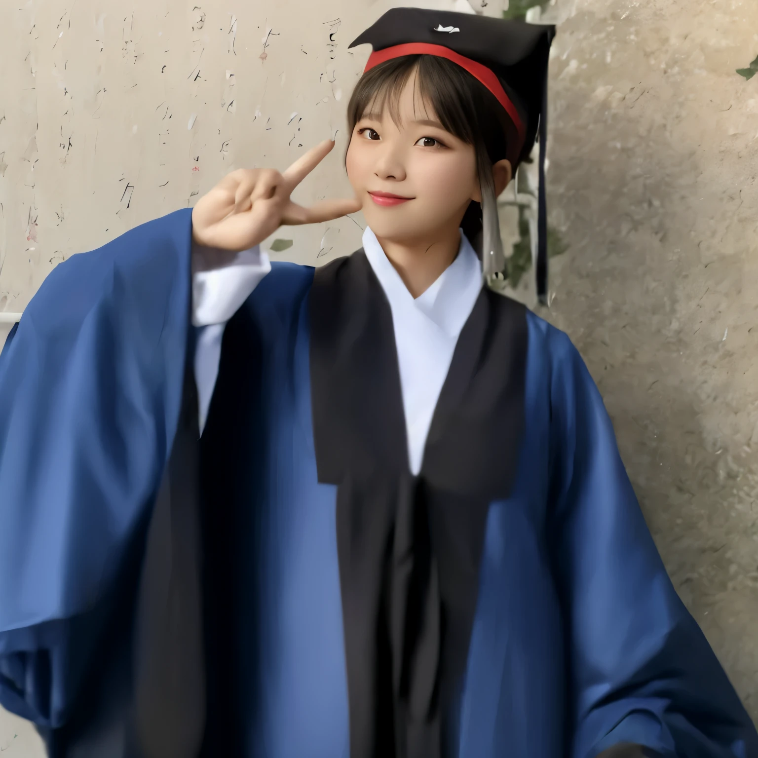 araffe dressed in a graduation gown and cap making a peace sign, wearing an academic gown, graduation photo, chiho, photo taken in 2 0 2 0, shikamimi, inspired by Ma Yuanyu, iu, profile picture, seifuku, with index finger, hanfu, cai xukun, profile picture 1024px