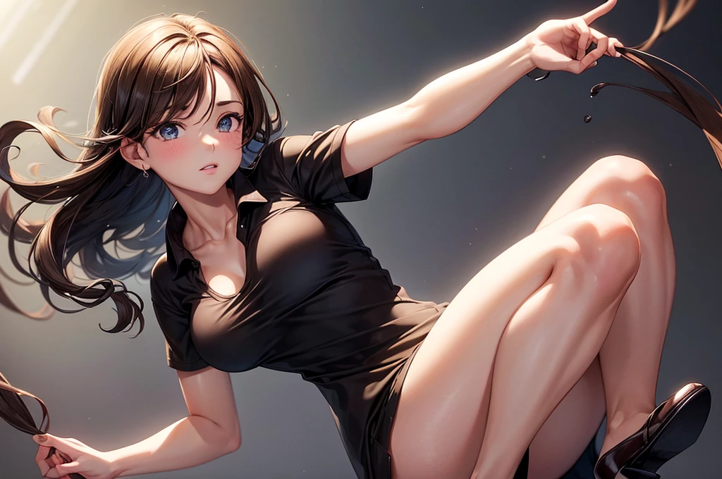 sksbrooke person, sksbrooke, (masterpiece:1.2), (best quality:1.2), perfect eyes, perfect face, 1girl, solo, brown eyes, (medium breasts), perky breasts, wearing a brown polo shirt and black mini dress, high heels, early morning misty background, lift shirt