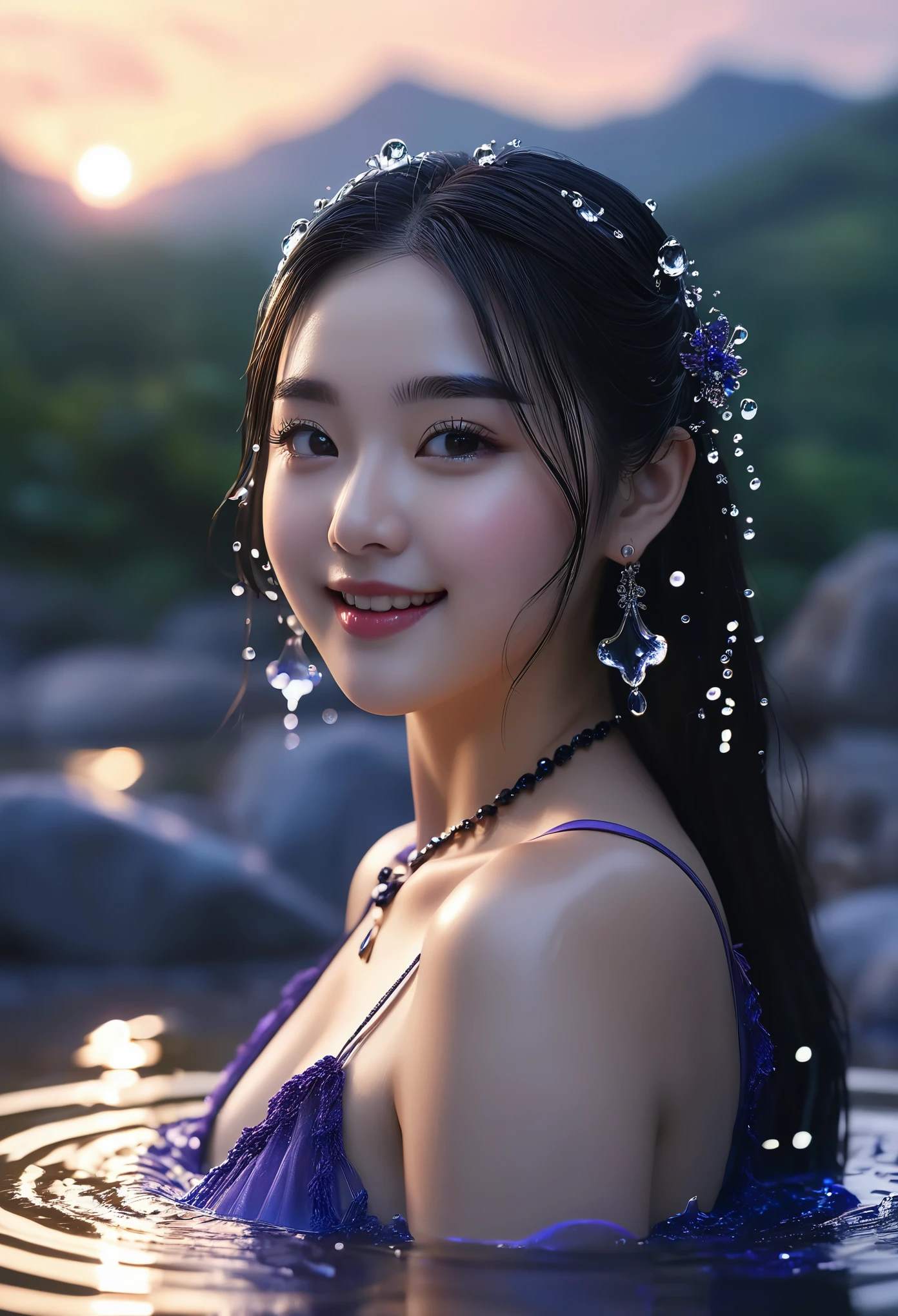 ultra high resolution, higher quality, beautiful女孩, woman,long hair：long hair，Look back and smile， heart shaped hair accessories, 8K resolution,beautiful eyes, blush,  dusk, oasis ((Figure by the puddle)), Volumetric light, film light, Natural light. Waterfall background Snow Moon Law Moon Girl 轻肩, alone, Crystal clear water with perfect reflections, eyebrow shape, beautiful黑眼睛, floating water splash, black water Droplet, beautiful光芒, best quality, illustration, masterpiece, best production, best quality, Very detailed, Extremely detailed CG,  Lovely, golden hour， Burning splash package, depth of field, black water,  shining, beautiful, Exquisite facial features, Lovely, Black water particle special effects, fantastic, floating black glowing particles, Burn hair, necklace ((masterpiece)), ((best quality)), Exquisite CG, blue-violet tone, sweet Beautiful beautiful girl with a Lovely smile，Photography,Nikon D850， real picture,national geographic,Award-winning,Award-winning照片