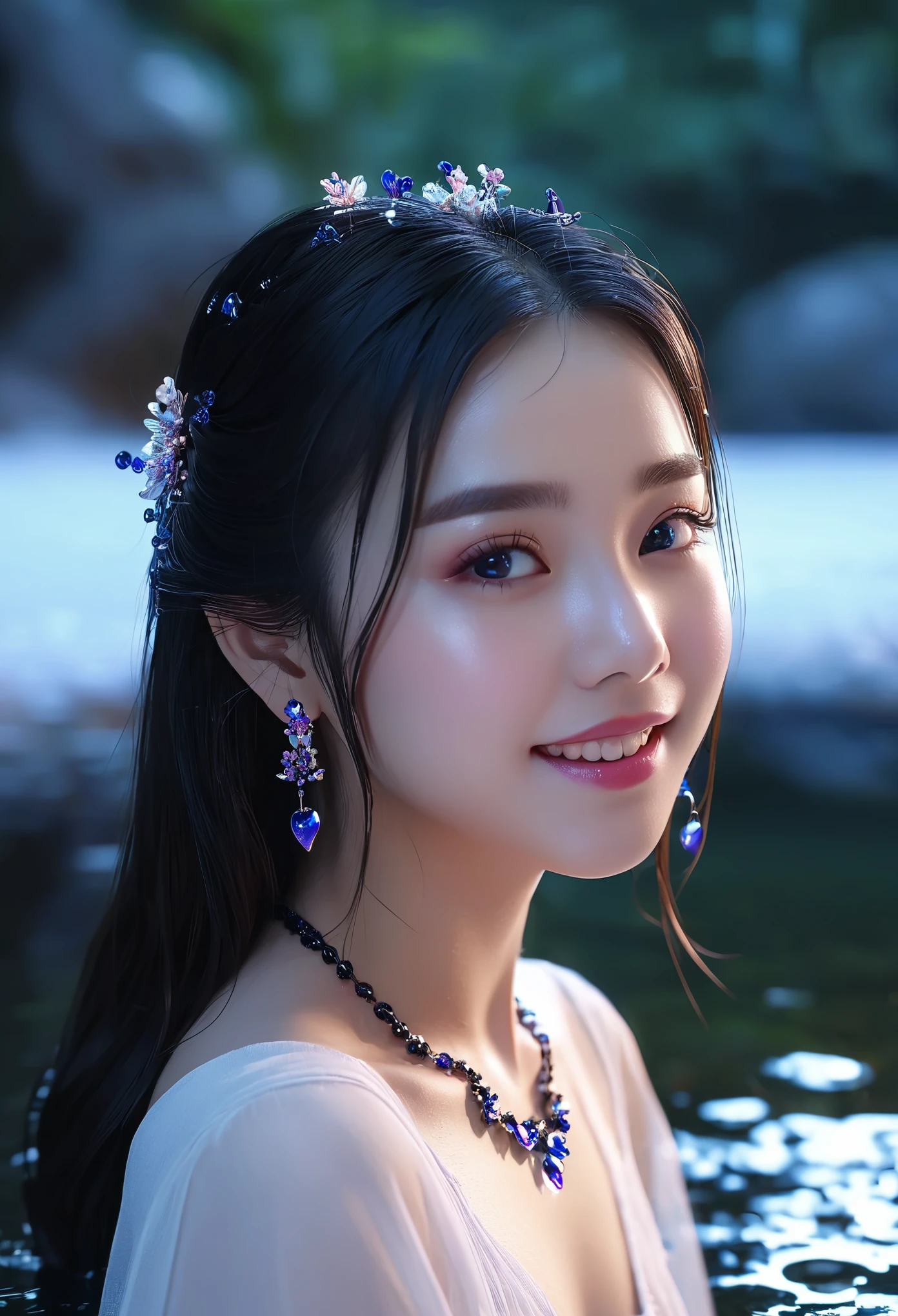ultra high resolution, higher quality, beautiful女孩, woman,long hair:long hair,Look back and smile, heart shaped hair accessories, 8K resolution,beautiful eyes, blush, dusk, oasis ((Figure by the puddle)), Volumetric light, film light, Natural light. Waterfall background Snow Moon Law Moon Girl 轻肩, alone, Crystal clear water with perfect reflections, eyebrow shape, beautiful黑眼睛, floating water splash, black water Droplet, beautiful光芒, best quality, illustration, masterpiece, best production, best quality, Very detailed, Extremely detailed CG, Lovely, golden hour, Burning splash package, depth of field, black water, shining, beautiful, Exquisite facial features, Lovely, Black water particle special effects, fantastic, floating black glowing particles, Burn hair, necklace ((masterpiece)), ((best quality)), Exquisite CG, blue-violet tone, sweet Beautiful beautiful girl with a Lovely smile,Photography,Nikon D850, real picture,national geographic,Award-winning,Award-winning照片