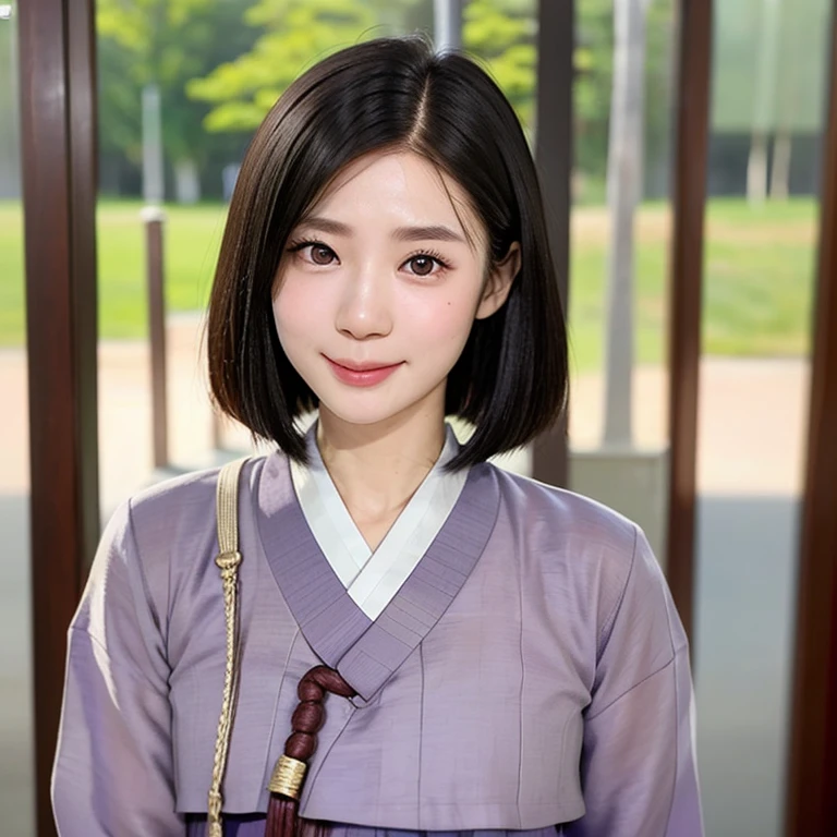 (kawaii 24 year-old Japanese girl, Nogizaka idol, Korean idol), (glossy black hair, medium bob cut:1.3), (extra rounded face, forehead, single eyelid, no makeup, soft smiling:1.2), (well shaped whitened teeth:0.7), (wearing light purple Hanbok, Korean traditional cloth:1.3), well shaped extra small breasts, (looking at viewer:1.2), BREAK, (simple outdoor background:1.3), (portrait, id photo, close shot, view from straight forward:1.3), BREAK, (masterpiece, best quality, photo realistic, official art:1.4), (UHD, 8K quality wallpaper, high resolution, raw photo, film grain:1.2), (shiny skin), professional lighting, physically based rendering, award winning, (perfect anatomy, highly detailed skin, extremely detailed face and eyes, well drawn glittering pupils), Carl Zeiss 85 mm F/1.4, depth of field, 1girl, solo,
