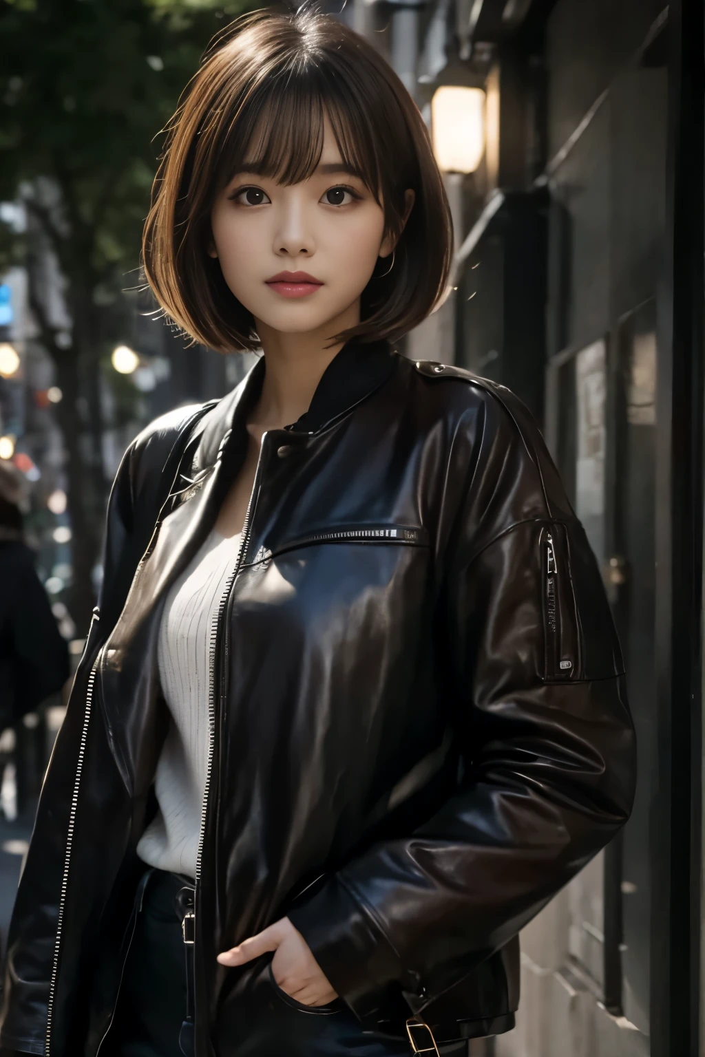 black jacket:1.3, medium bob