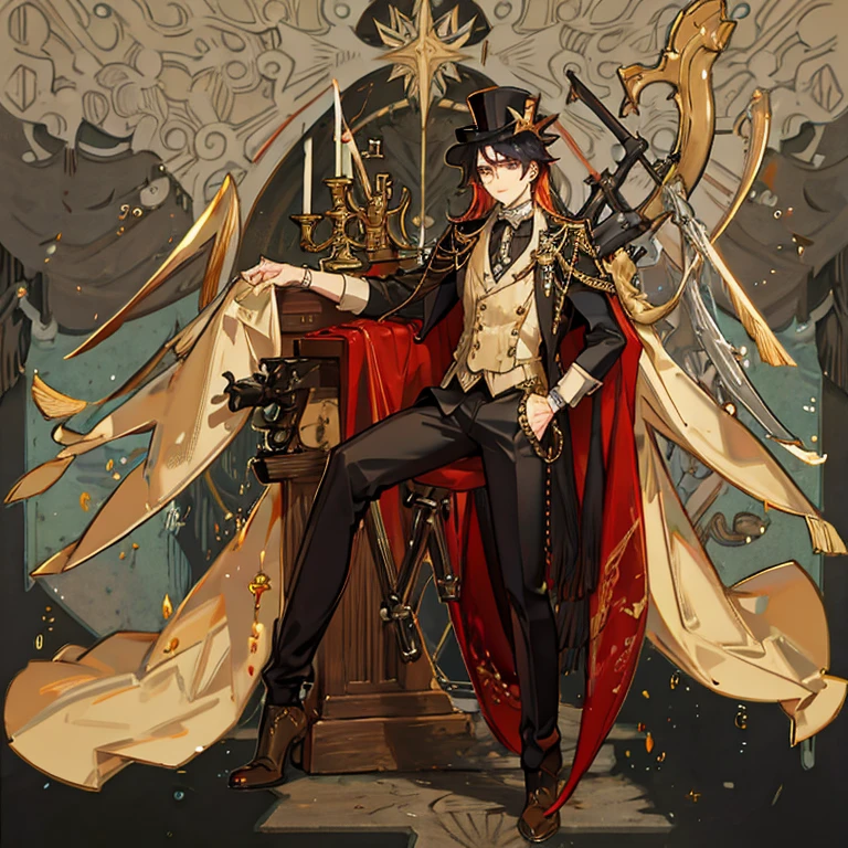 (highres:1.2),(realistic:1.37),young man,steampunk fashion,luxurious clothing,soft smile,god of time,detailed eyes,sharp focus,bronze goggles,elaborate timepieces,mechanical accessories,burnished leather,ornate pocket watch,time-themed tattoos,vintage pocket watch,tailored suit jacket,button-up vest,polished boots,antique watch chains,colorful pocket squares,firm jawline,wavy hair,sophisticated posture,vintage top hat,smoky background,mood lighting,rich color palette,vibrant gold accents,ageless beauty.