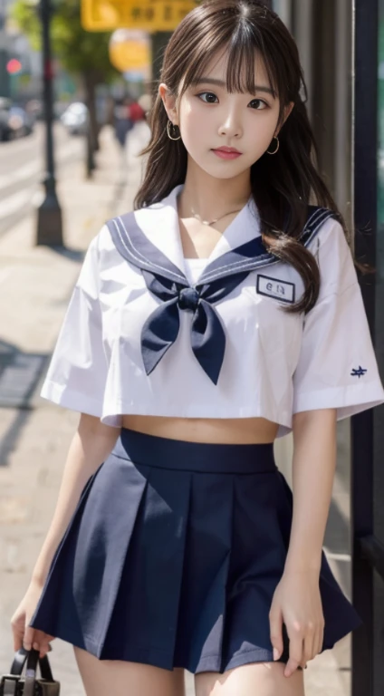 1 girl, sailor suit, mini skirt, crop top Overhang, shirt, Overhang, huge breasts, expensive, , --automatic