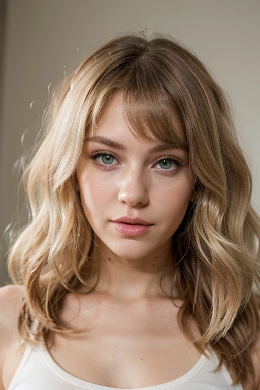 Please make me a light light bleach blonde model with white green eyes pink lips.com and big curls and she needs to be as realistic as possible I want her hair hanging free and I want to be big curls no I want you to be bleach blonde and big big curls