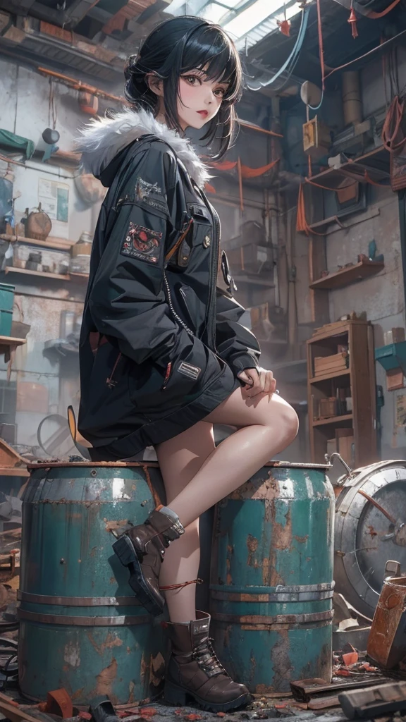 ((Highly detailed CG unit 8k wallpaper, masterpiece, High resolution, highest quality)), (Woman sitting on a rusty oil can, beautiful woman with medium hair, Nana Komatsu, (full body shot), put one&#39;s hand in one&#39;s pocket:1.5, Cyberpunk fashion, Wearing micro mini shorts:1.2, wearing boots:1.2), ((highly detailed face, highly detailed black eyes, detailed body, highest qualityのリアルテクスチャスキン)), (black hair, white skin), (Inside a futuristic abandoned building), hyper realistic, digital paint,
