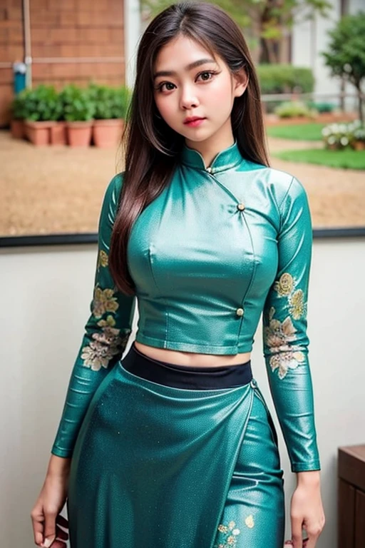  An anime watercolor painting of a girl's beautiful body.  Burmese girl  ,  popular on the painting;  8k  craft  Good detail,  full of colors,  Intricate detail;  Golden ratio high hips, attractive figure illustration,  (acmm ls wearing, acmm top, dark green acmm top, long sleeve, acmm long skirt, dark blue acmm long skirt, printed skirt)