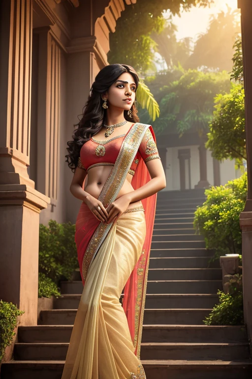 A Kerala girl having long curly hair, attaractive eyes, detailed face, wearing a saree,360*360 porital