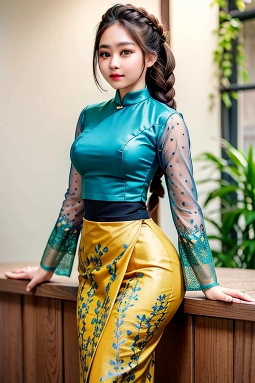 A girl's beautiful body beauty (long hair braided) cartoon anime watercolor painting,  Burmese girl  ,  popular on the painting;  8k  craft  Good detail,  full of colors,  Intricate detail;  Golden ratio high hips, attractive figure illustration,  (acmm ls wearing, acmm top, dark green acmm top, long sleeve, acmm long skirt, dark blue acmm long skirt, printed skirt)