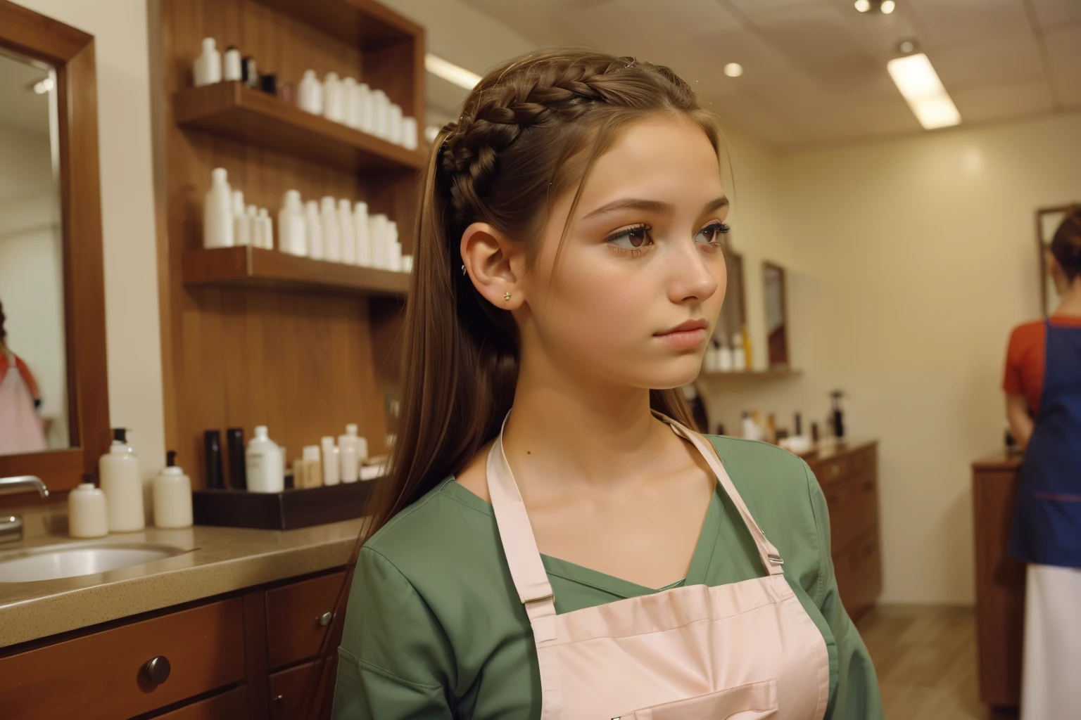 Little Wing, Wisconsin, 2004. A young ((((20-year-old)) Beth)), attractive, delicate features, graceful, warm and expressive eyes, strong, resilient, working in a ((hair salon)), looking away. ((((stylish clothings from the 2000s, apron)))), ((long flowing hairstyle of the 2000s))