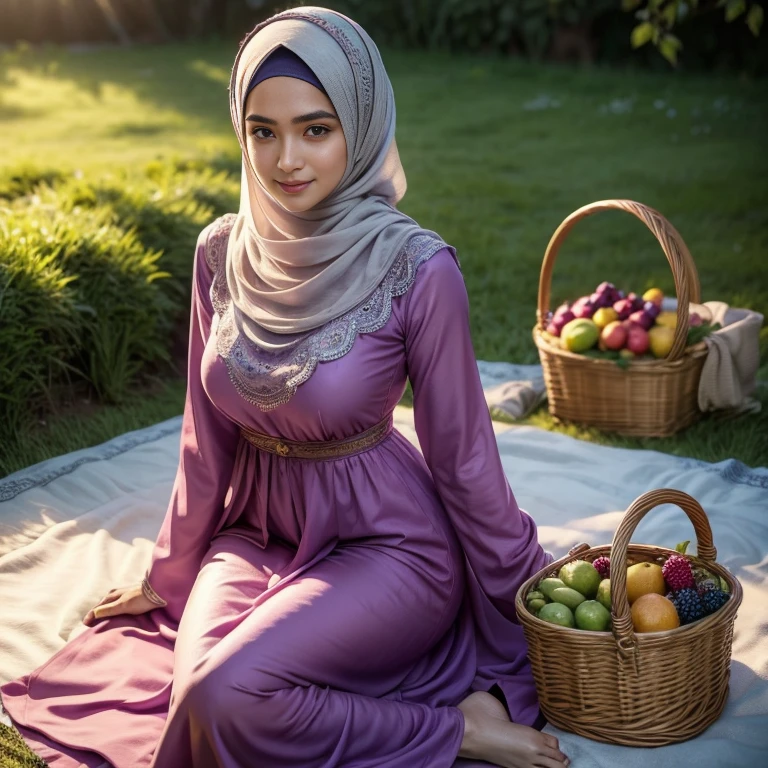 beautiful muslimah girl, wearing traditional baju kurung, ultra-detailed, detailed faces, detailed skins, 8k masterpieces, cinematic lighting, ((1girl)), ((solo)), firm push-up bosom, modest bosom, slim and slender body, long hijab, eid mubarak, in malay village, picnic in the meadow with a basket full of fruits and flowers