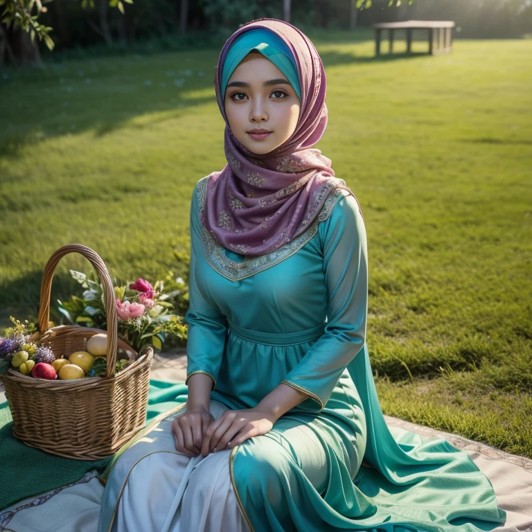 beautiful muslimah girl, wearing traditional silk baju kurung, ultra-detailed, detailed faces, detailed skins, 8k masterpieces, cinematic lighting, firm push-up bosom, modest bosom, slim and slender body, long hijab, eid mubarak, in malay village, picnic in the meadow with a basket full of fruits and flowers