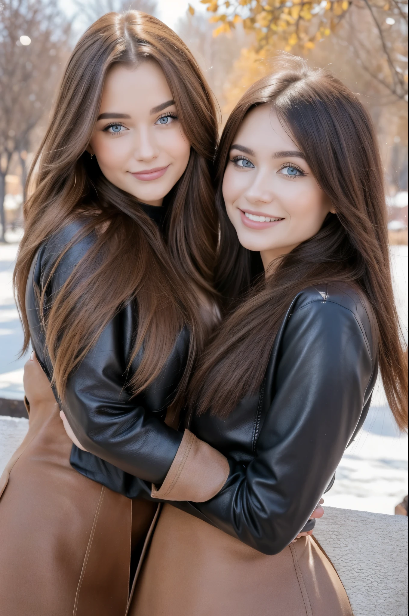 Professional photograph, best quality, 8K, hyper detailed, half body, A close up portrait of two gorgeous, beautiful, wonderful women, argentinian and russian females together posing for the camera, both women have super long hair, argentinian girl has dark brown hair and russian girl has light brown hair, the both of them are wearing winter outfits, both girls are wearing leather jackets. Both women are wonderful, dream, ethereal, timeless, majestic beauties from Argentina and Russia, hispanic and slavic dream beauties who comes to the hearts. They're glad, smiling and enjoying a day at park in winter. True friendship, they pose happy for the camera.