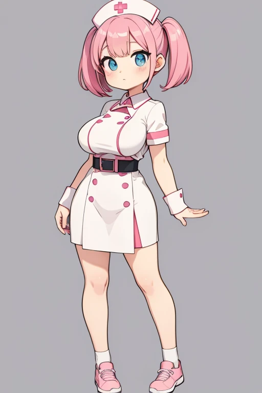 1 woman,nurse uniform, white and pink wear, pink hair, blue eye, short hair, twintail, big breasts, chibi character, full body, staning, lower arms, front view, looking at viewer, thick outline, gray background, simple background