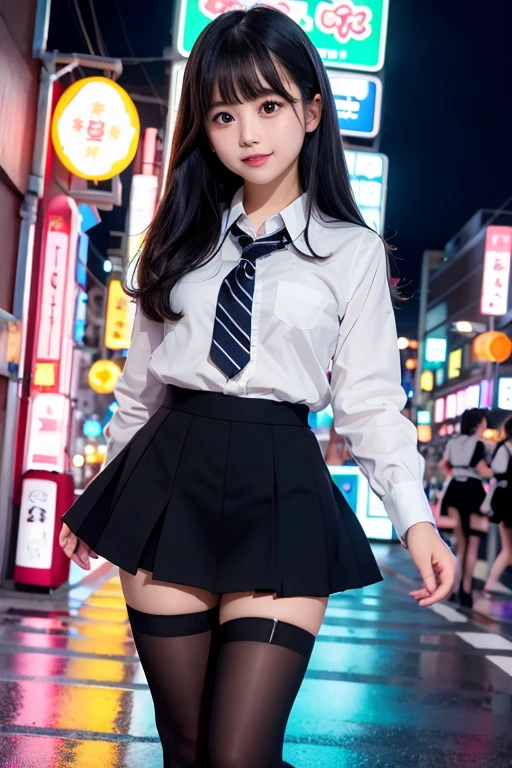 high angle shot、center view、A woman standing in a neon street at midnight、surprisingly cute 、japanese girl uniform、summer clothes black mini skirt、Yulurea 、loafers、She wears black tights that show a little bit of skin.、black tights、Japanese high school 、Nogizaka Idol、plump thighs、Full body Esbian