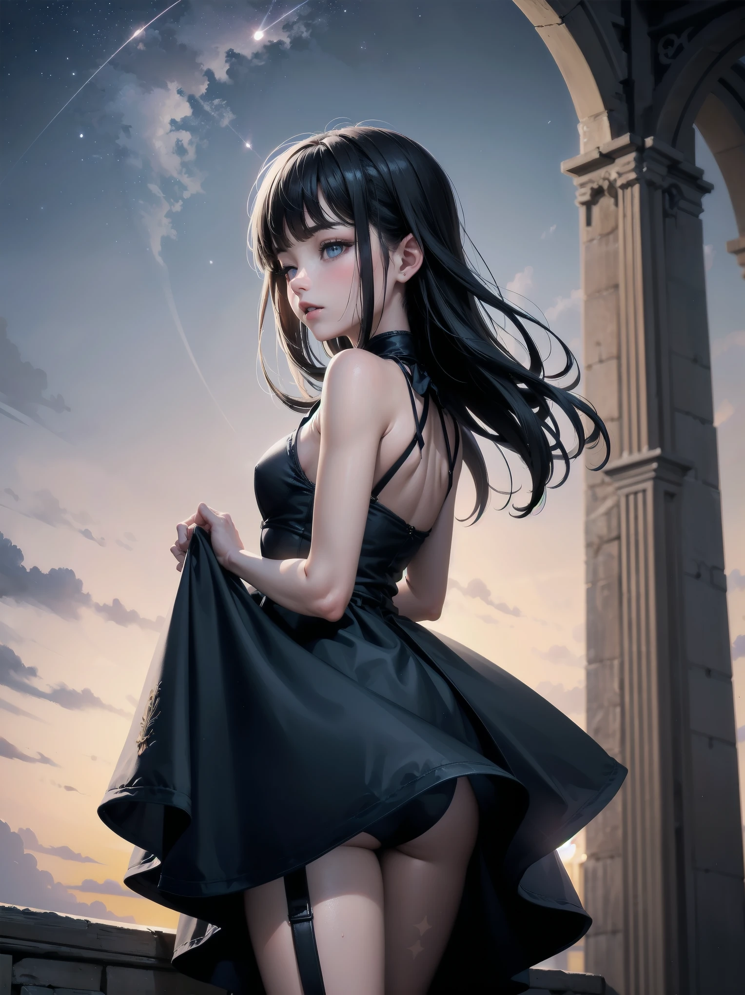 Girl looking up Scene 1: Twilight tower shadow The girl stands quietly against the sky, which is dyed an azure colour. Towering up in front of her is a huge structure called the Tower of Babel. Its form, which seems to pierce through the clouds, seems as if it is about to reach the heavens. The girl's gaze is directed towards the top of the tower. The tower, shrouded in evening darkness, creates a fantastic atmosphere. The surface of the tower is engraved with intricate patterns. It looks like ancient writing. The girl seems to sense something deep within the tower. Is it the memory of a masterpiece story or a longing for an unknown fantasy world? Scene 2: Memory of the starry sky The girl stands at the top of the tower amidst countless twinkling stars in the night sky. At her feet, the lights of the city shine like jewels. The girl closes her eyes and takes a deep breath. The scent of the night breeze is mixed with the old smell of the tower. The girl's mind replayed a famous story. It was a story of adventure and friendship that the girl read as a . The hero of the story, like the girl, climbed the Tower of Babel. There, she meets her friends and overcomes various difficulties. The girl dreamed that one day she, like the hero, would go on an adventure. Scene 3: The promise of the morning glow The girl left the tower just as the light of the morning sun was illuminating it. Looking back, the tower shone in the morning sun and even looked divine. The girl decides that one day she will climb this tower again. And when she does, she vows to spin out the rest of the masterpiece's story. Step by step, the girl walked into the future.