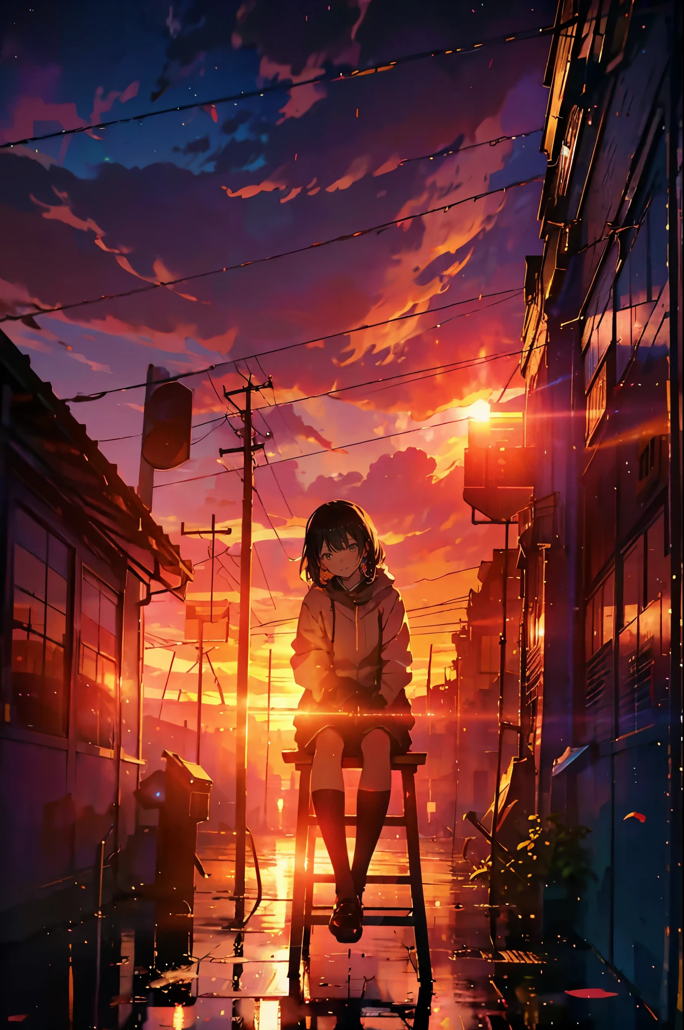 anime girl sitting on a chair in front of a window, concept art inspired by Liam Wong, trending on deviantart, conceptual art, watching the sun set. anime, keyframe illustration, background artwork, ((sunset)), watching the sunset, background art, keyframe, sunset!, brittney lee, loish art style, cyril rolando and goro fujita,