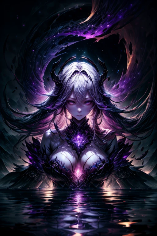full length closeup portrait of complex detailed fractal aurora, forming a hyper-detailed ghostly vision of a beautiful succubus in the sky, busty, reflection in water, Ripples on the water, dark mountains on the horizon, backlight, Starry night sky background, very detailed galaxy, DAZ 3D landscape rendering, Unity, Unreal engine 5, UHD resolution, sharp focus, 8 k, 12 MP