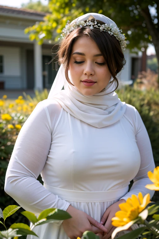 ((best quality)), ((masterpiece)), ((detailed)), ((a 25 year old chubby girl)), white loosely gamis dress, (close her eyes enjoy the breeze), long sleeve, white hijab, flowers crown, There are many scattered luminous petals, hidding in the light yellow flowers, Depth of field, ray of lights, Many scattered leaves, branch, angle, contour deepening, cinematic angle,