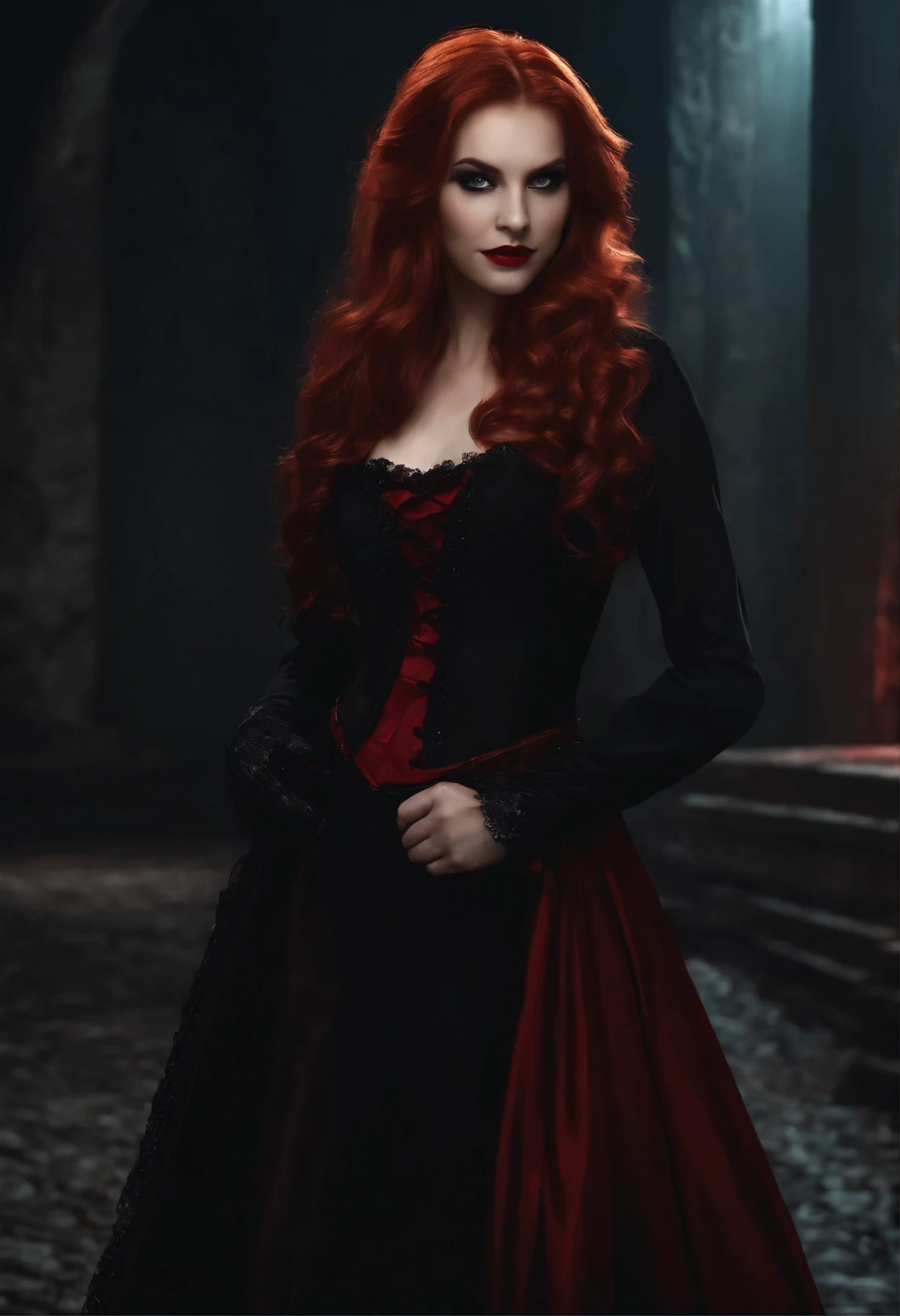 masterpiece, best quality, highres, 1girl, solo, modern vampire, red hair, long hair, open hair, red eyes, evil smile, 2 young boys on her both sides, both vampires with red hair, red and black outfit, scary background